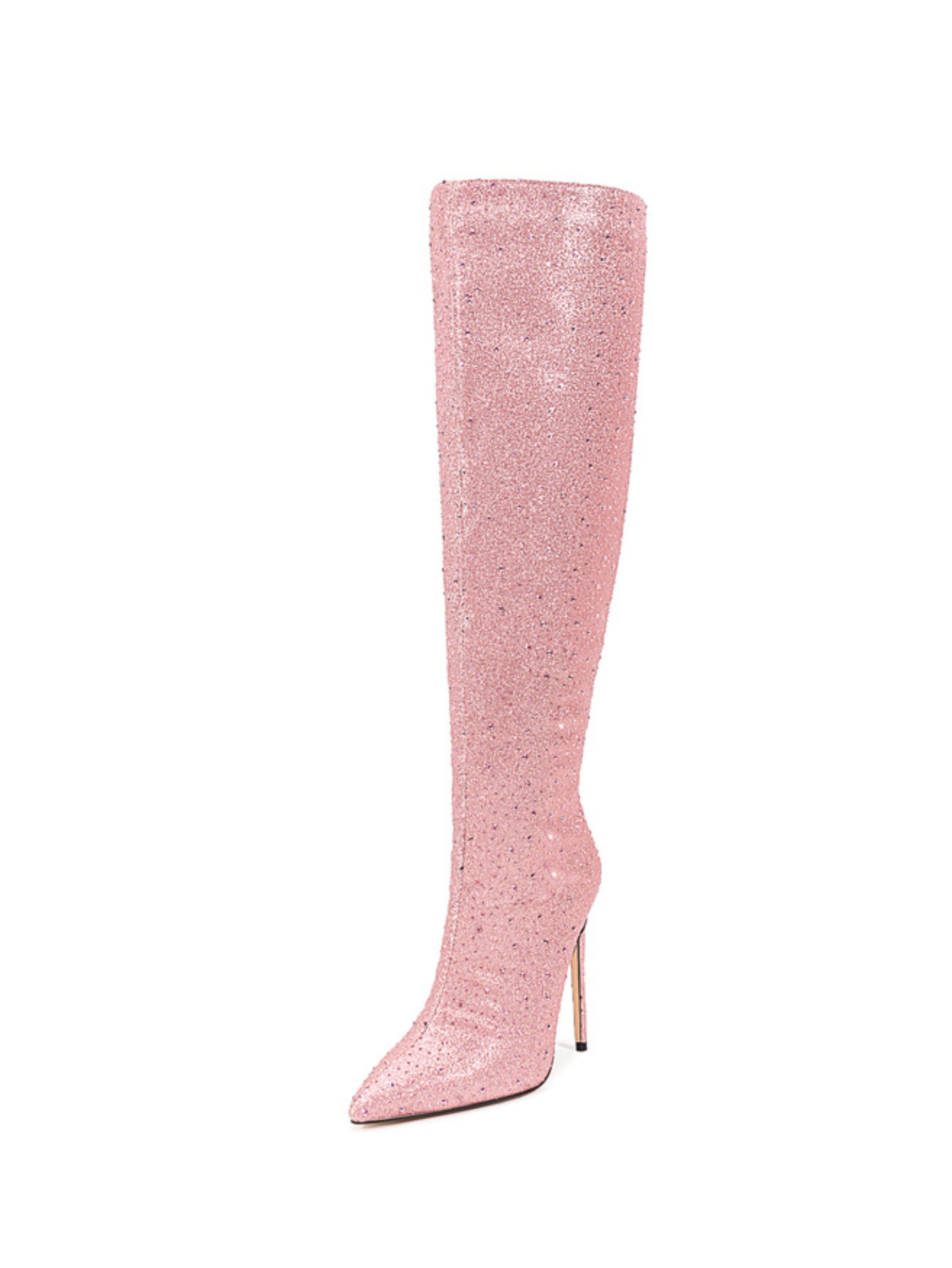 Pink Glitter Heeled Tall Boots for Women
