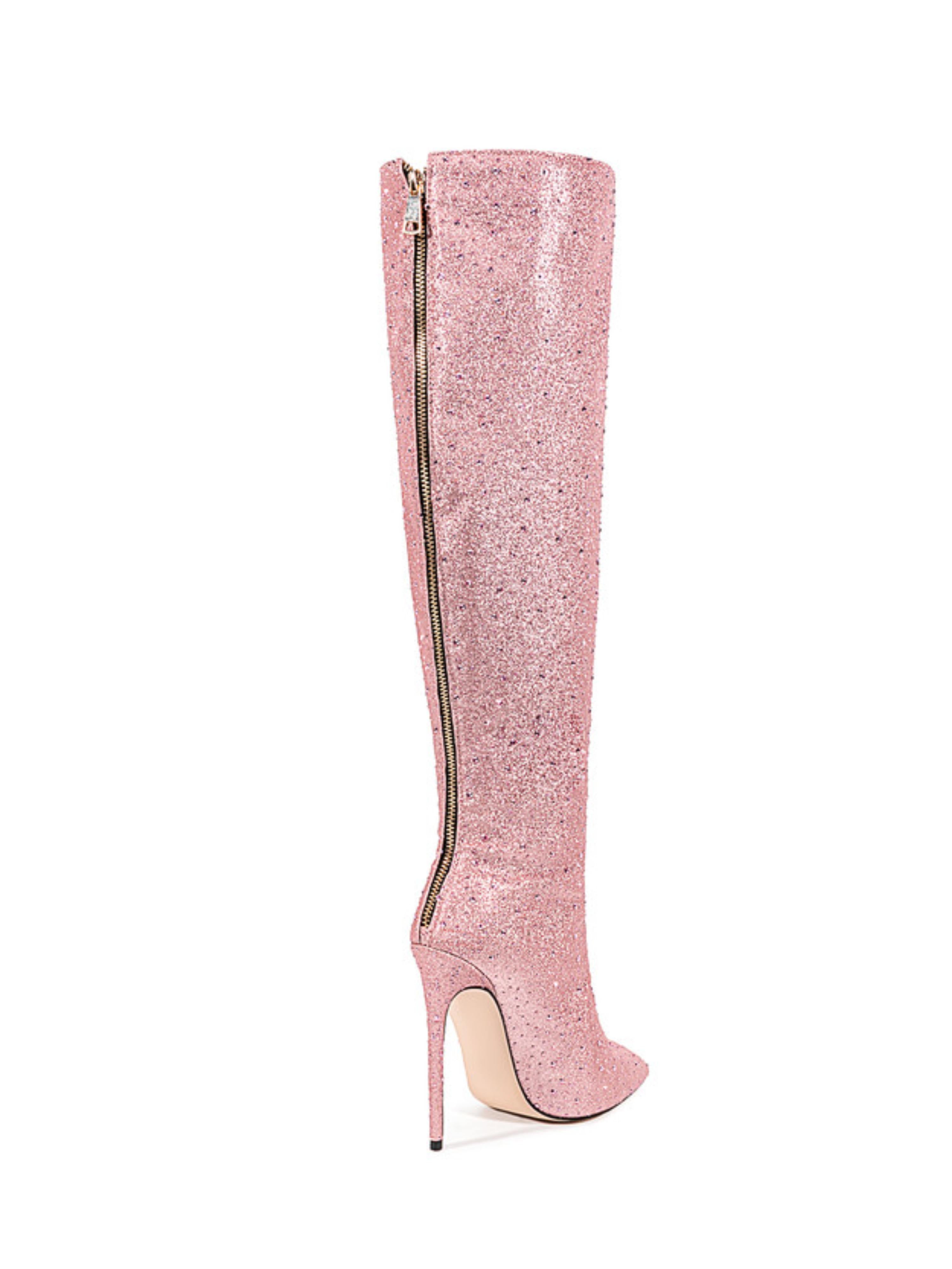 Pink Glitter Heeled Tall Boots for Women