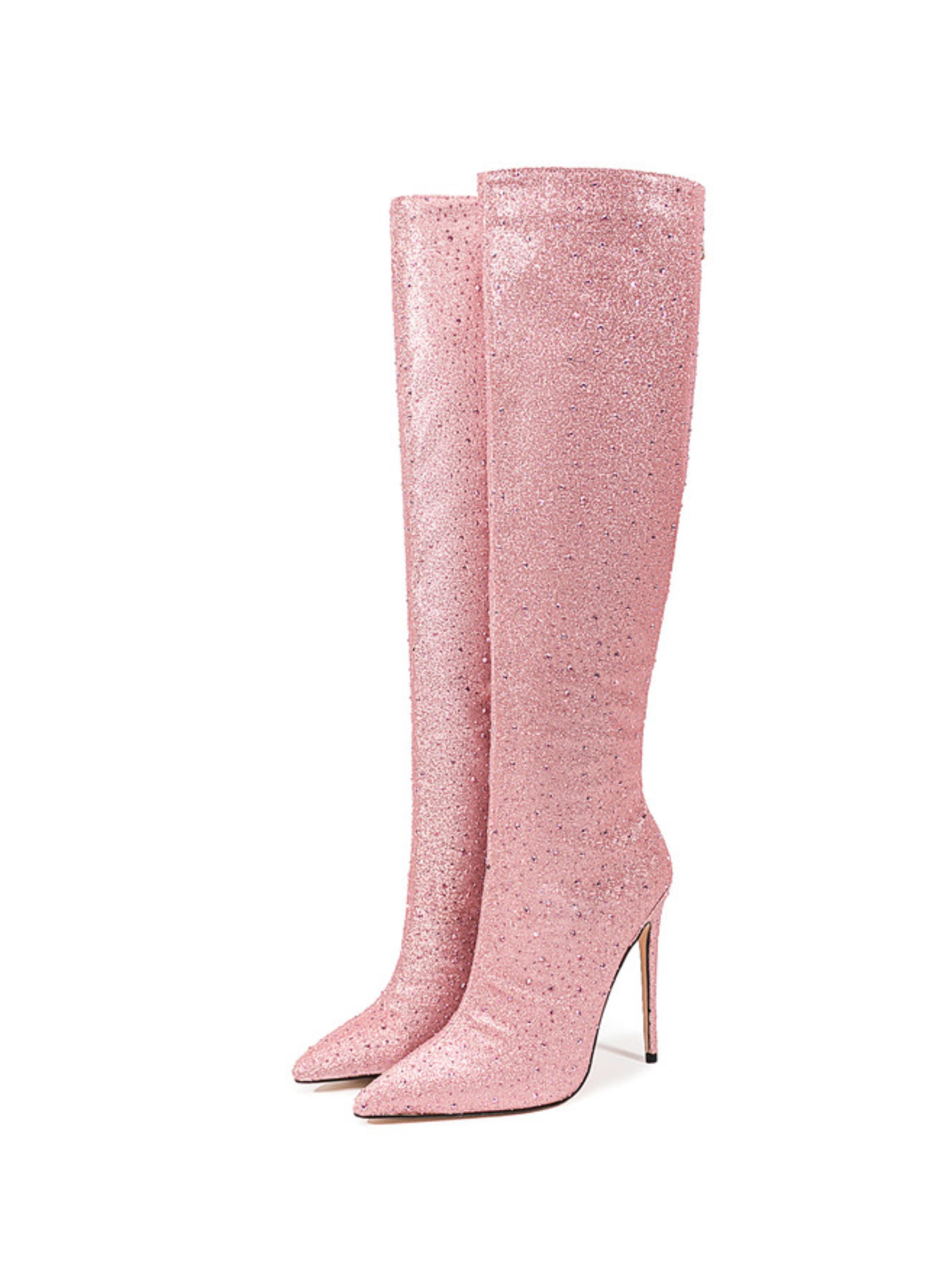 Pink Glitter Heeled Tall Boots for Women