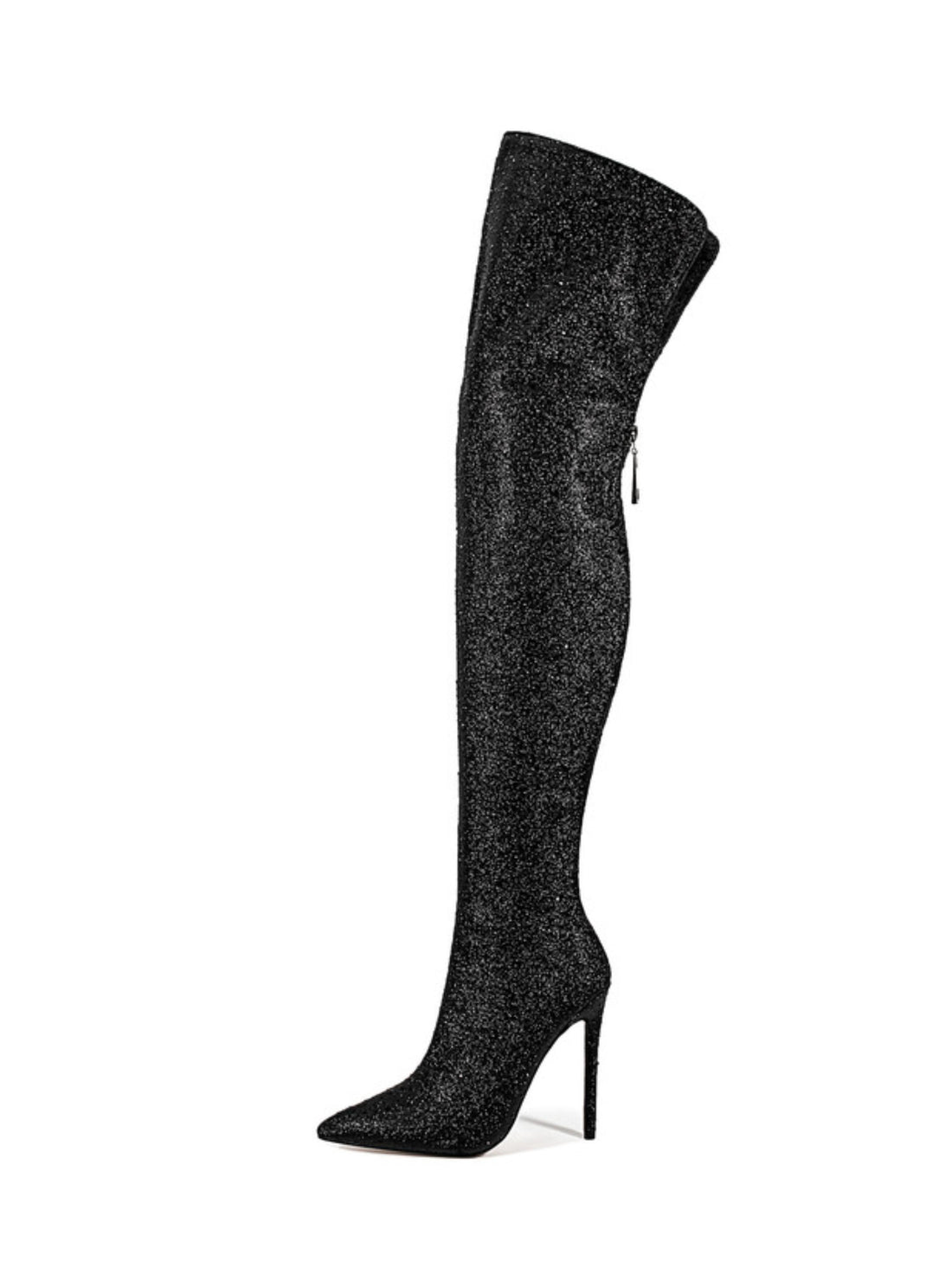 Black Glitter Pointed Toe Thigh-High Boots