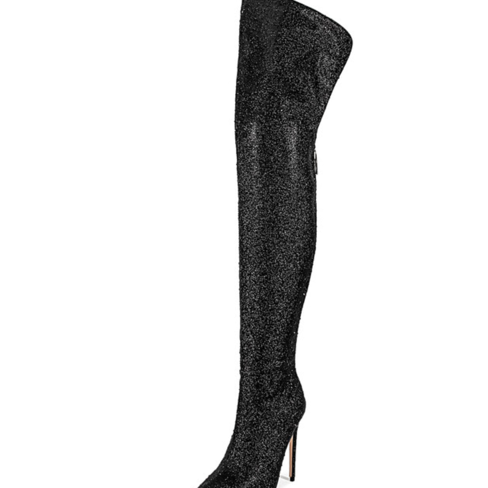 Black Glitter Pointed Toe Thigh-High Boots