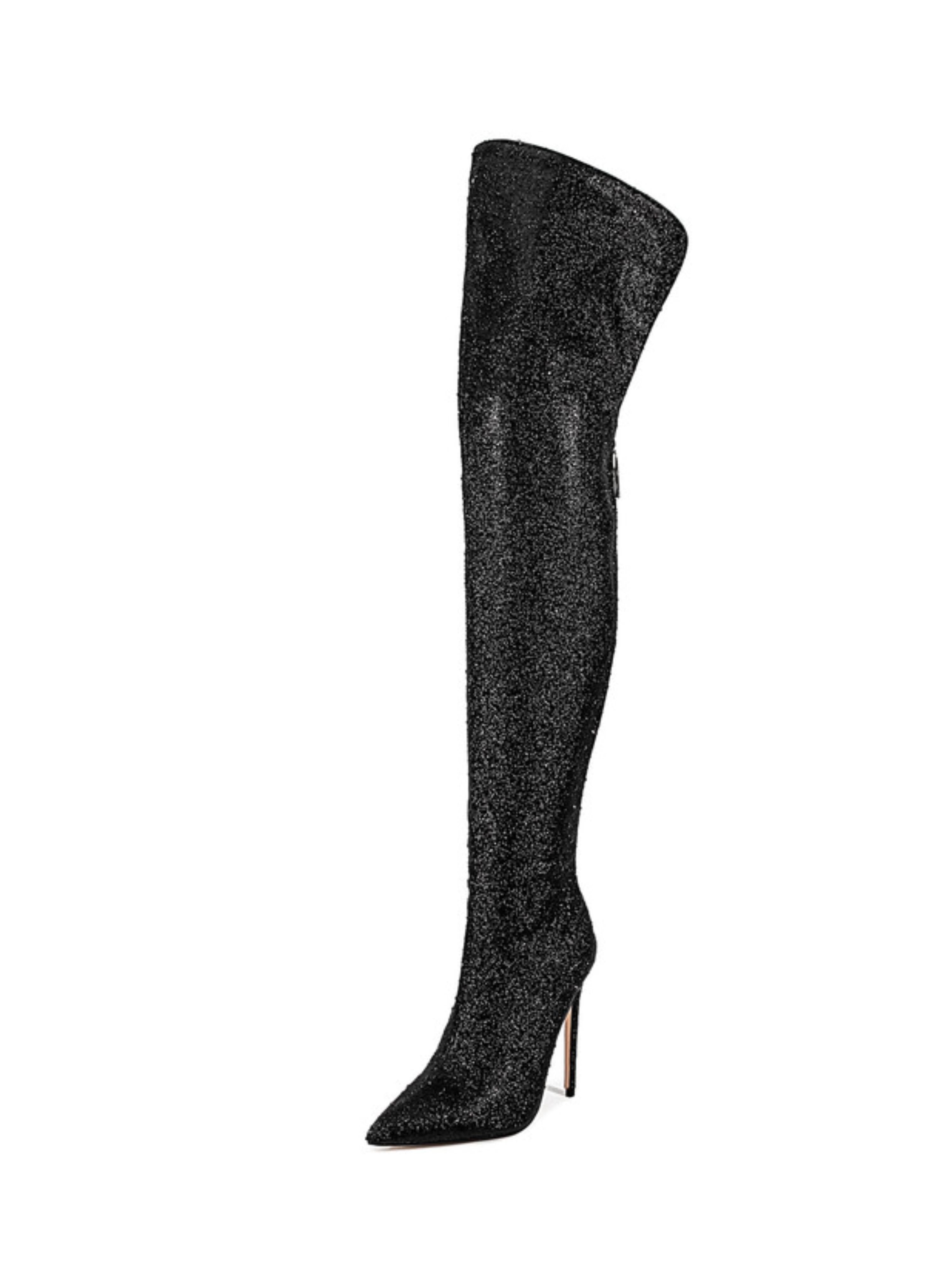 Black Glitter Pointed Toe Thigh-High Boots