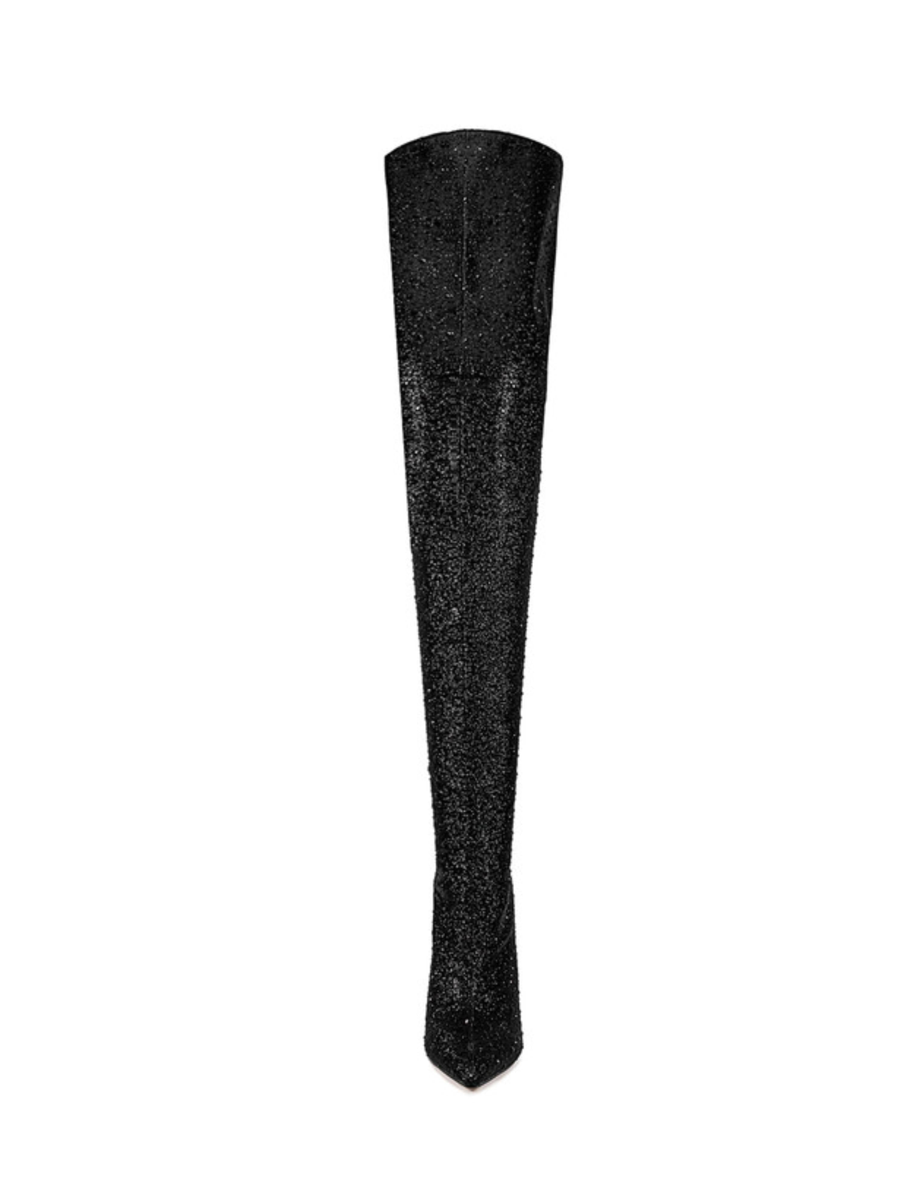 Black Glitter Pointed Toe Thigh-High Boots