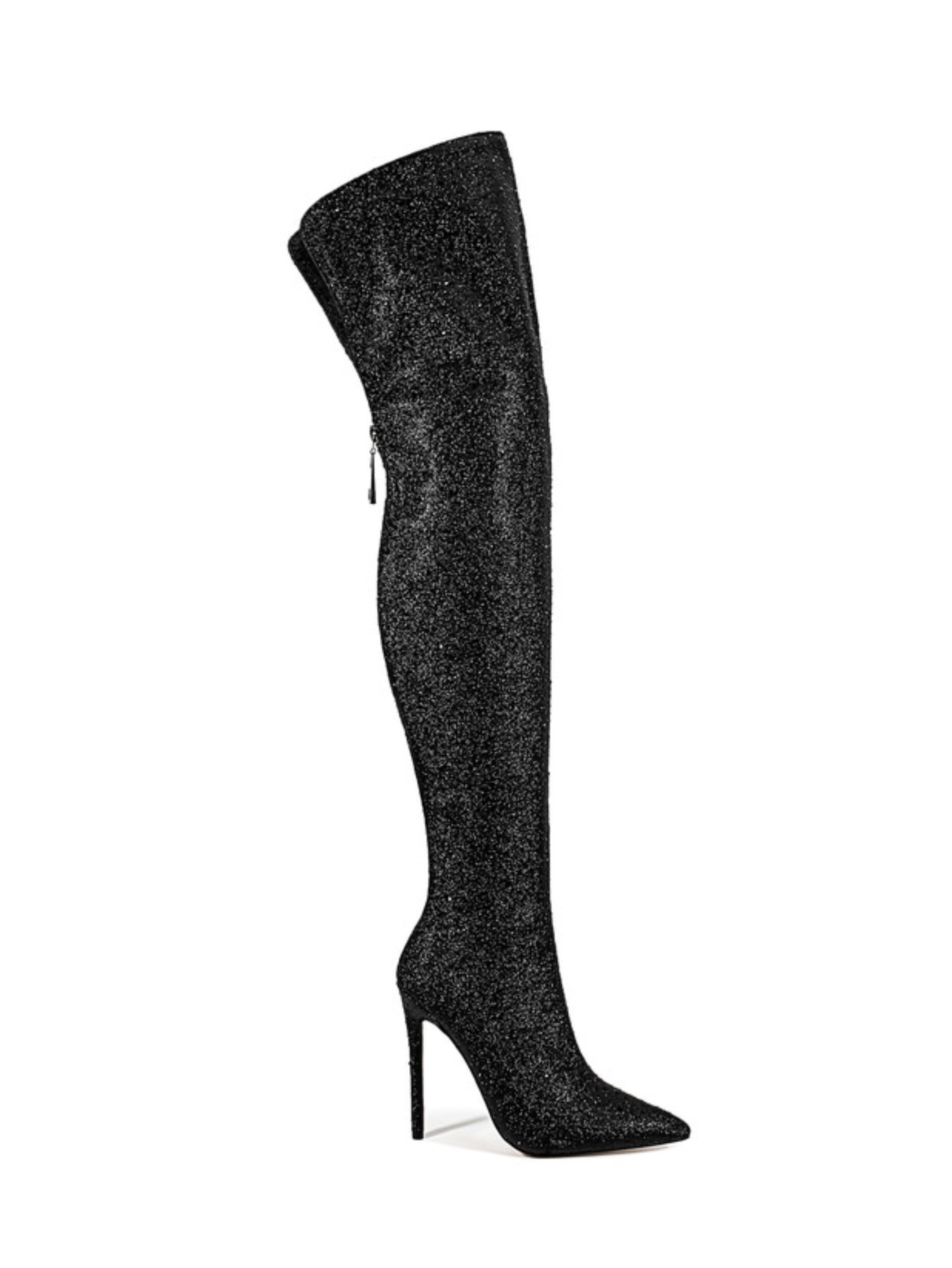 Black Glitter Pointed Toe Thigh-High Boots