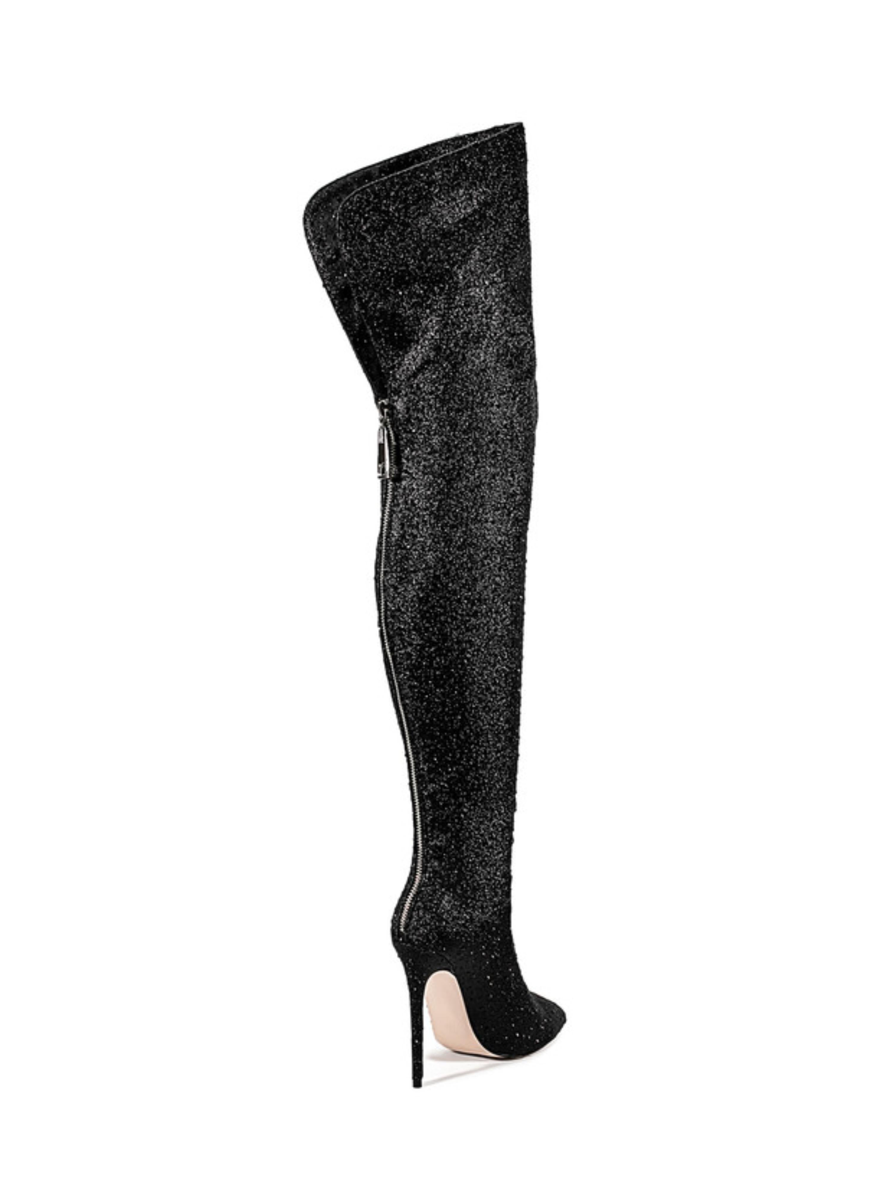 Black Glitter Pointed Toe Thigh-High Boots