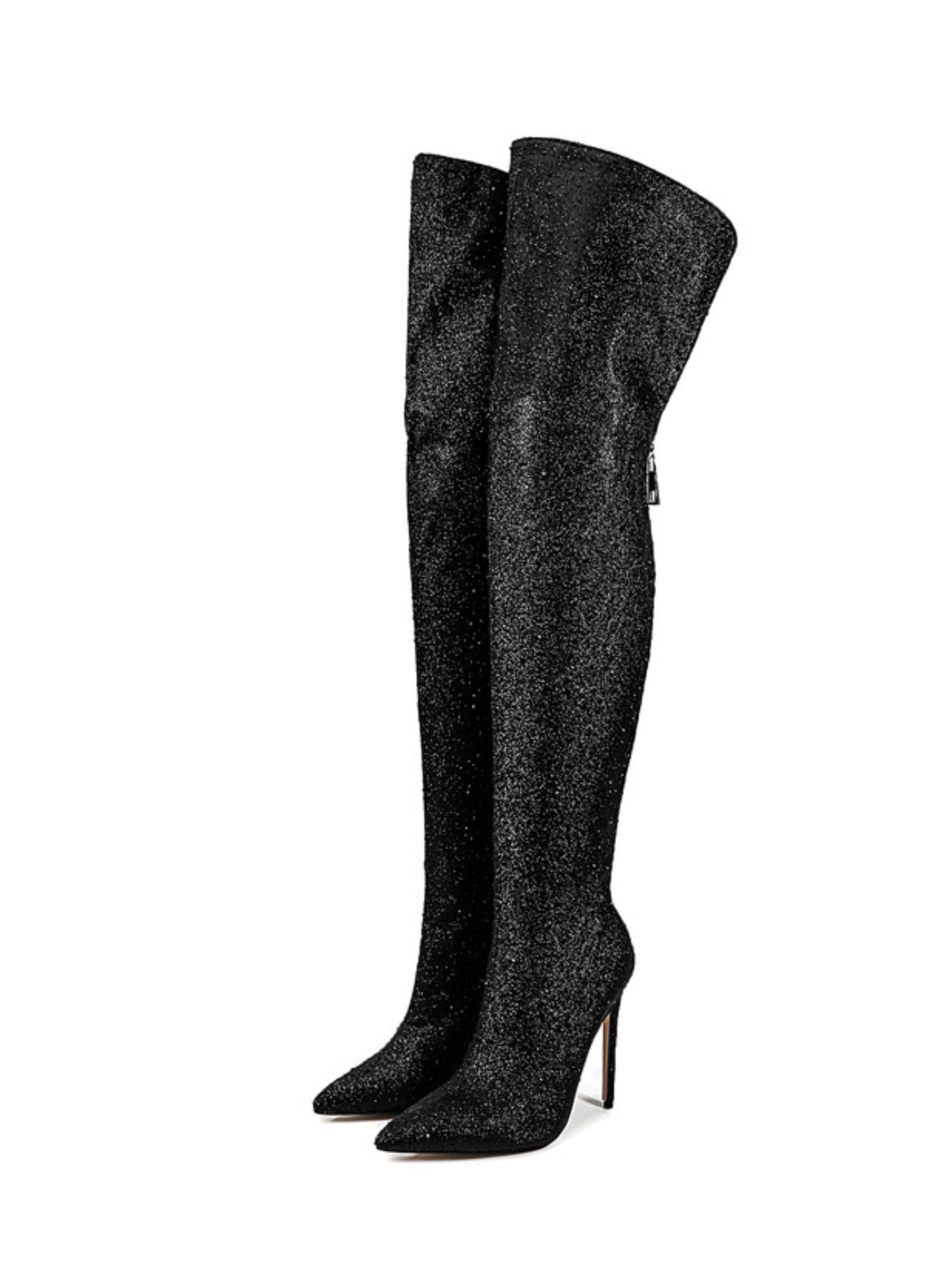 Black Glitter Pointed Toe Thigh-High Boots