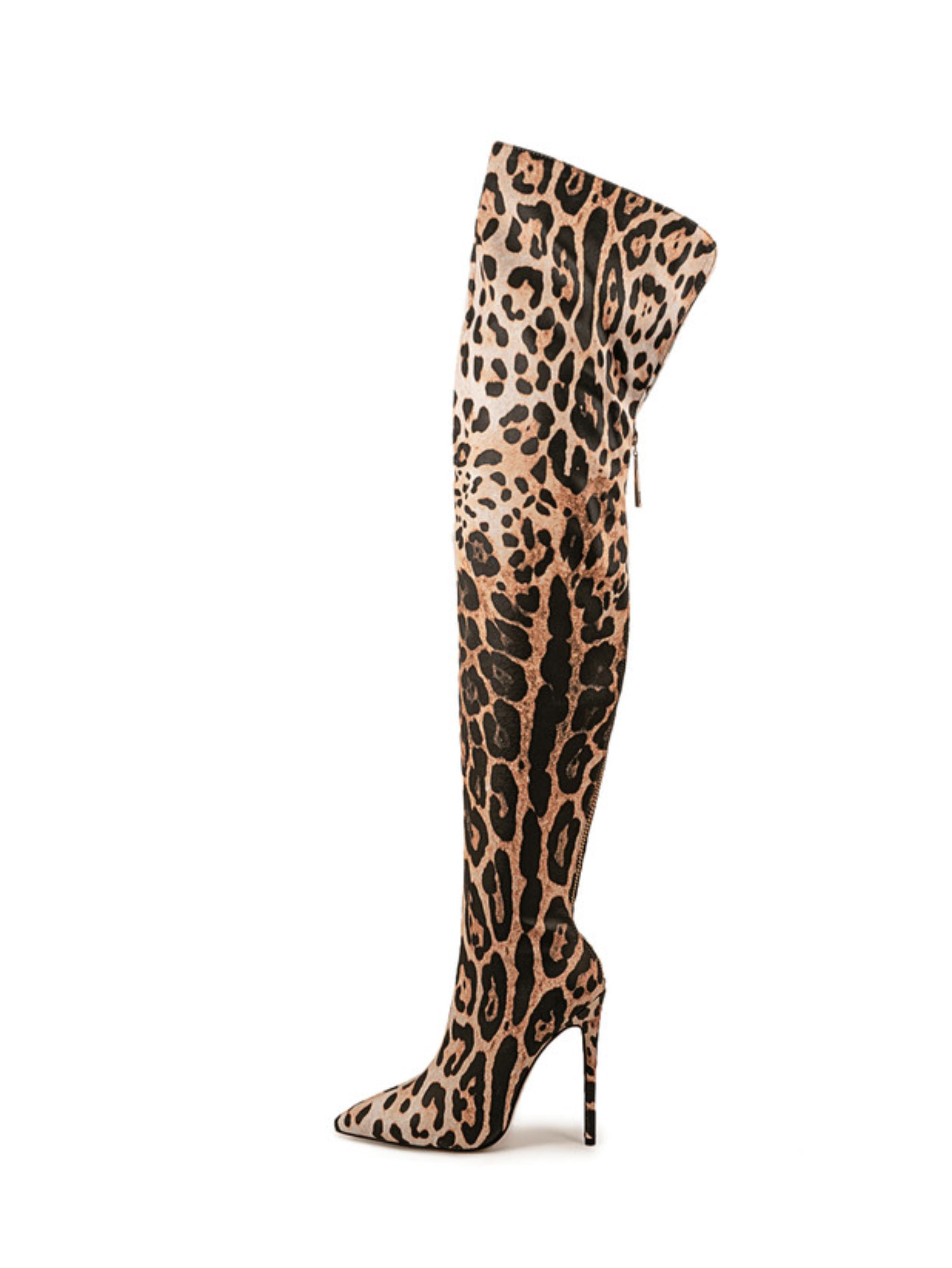 Brown Thigh-High Leopard Boots with Stiletto Heels
