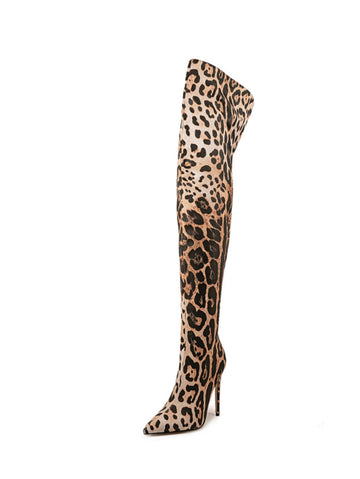 Brown Thigh-High Leopard Boots with Stiletto Heels