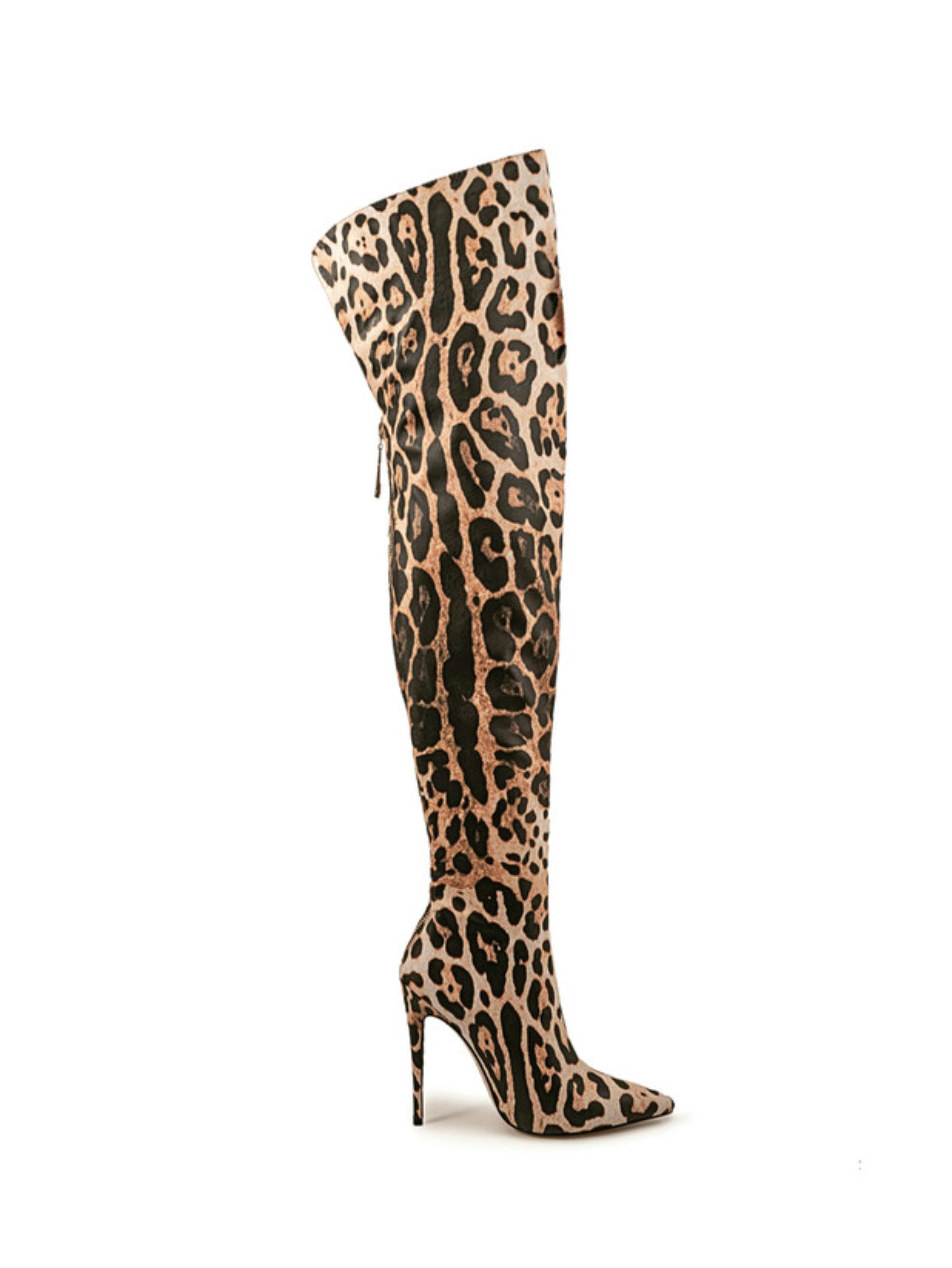 Brown Thigh-High Leopard Boots with Stiletto Heels