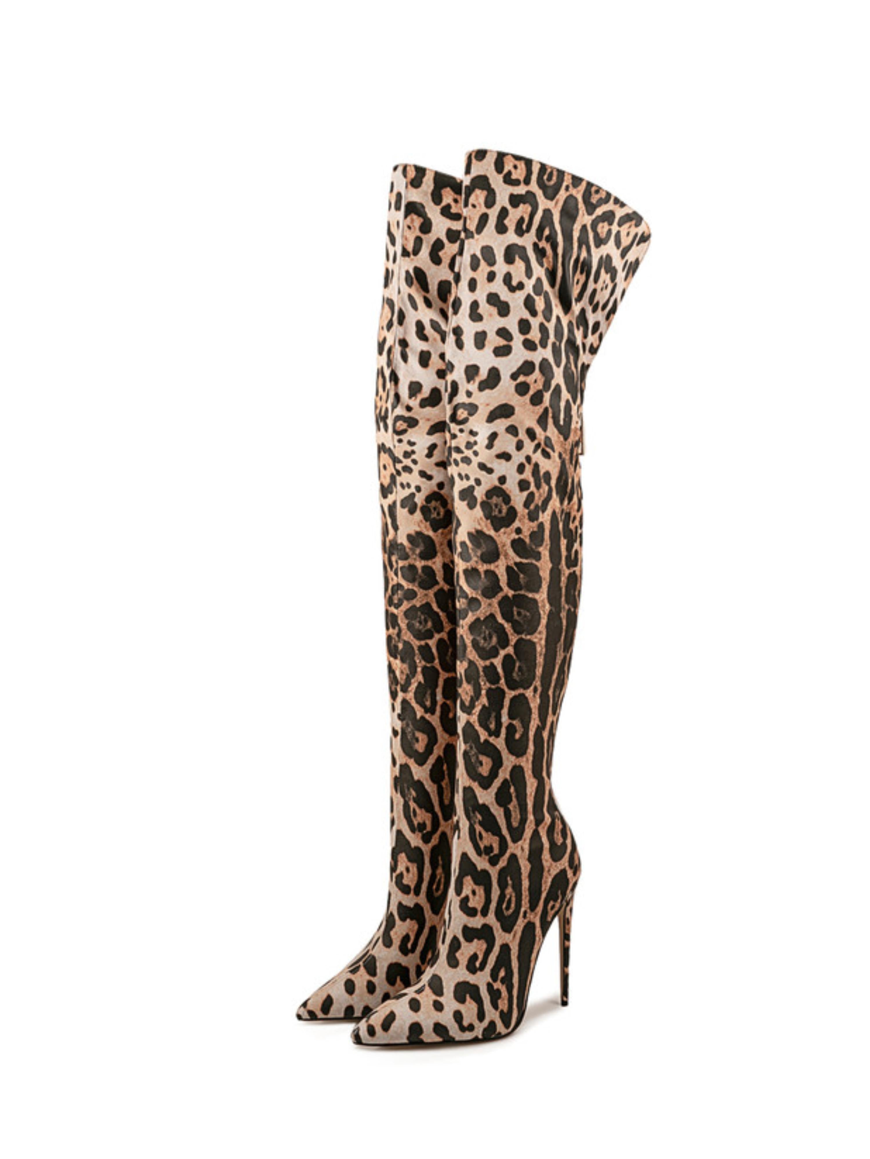 Brown Thigh-High Leopard Boots with Stiletto Heels