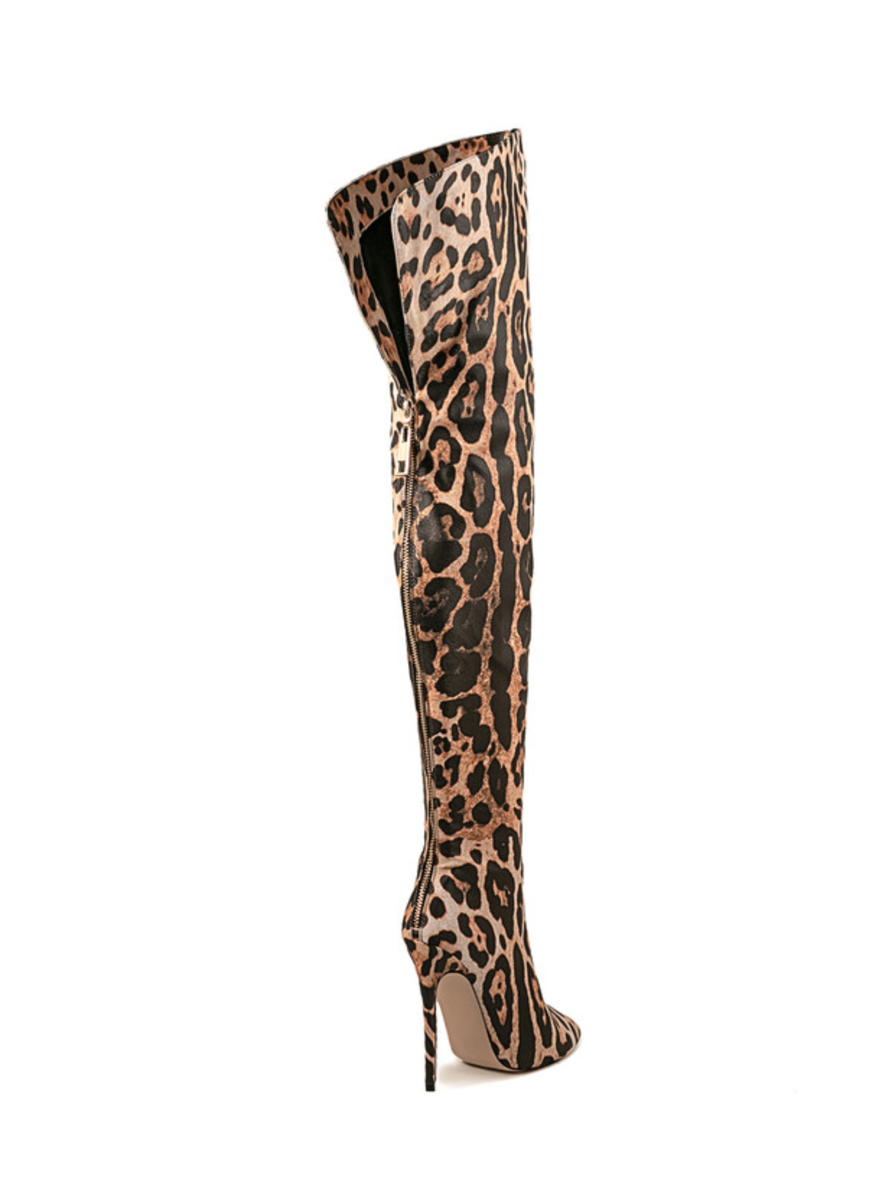 Brown Thigh-High Leopard Boots with Stiletto Heels