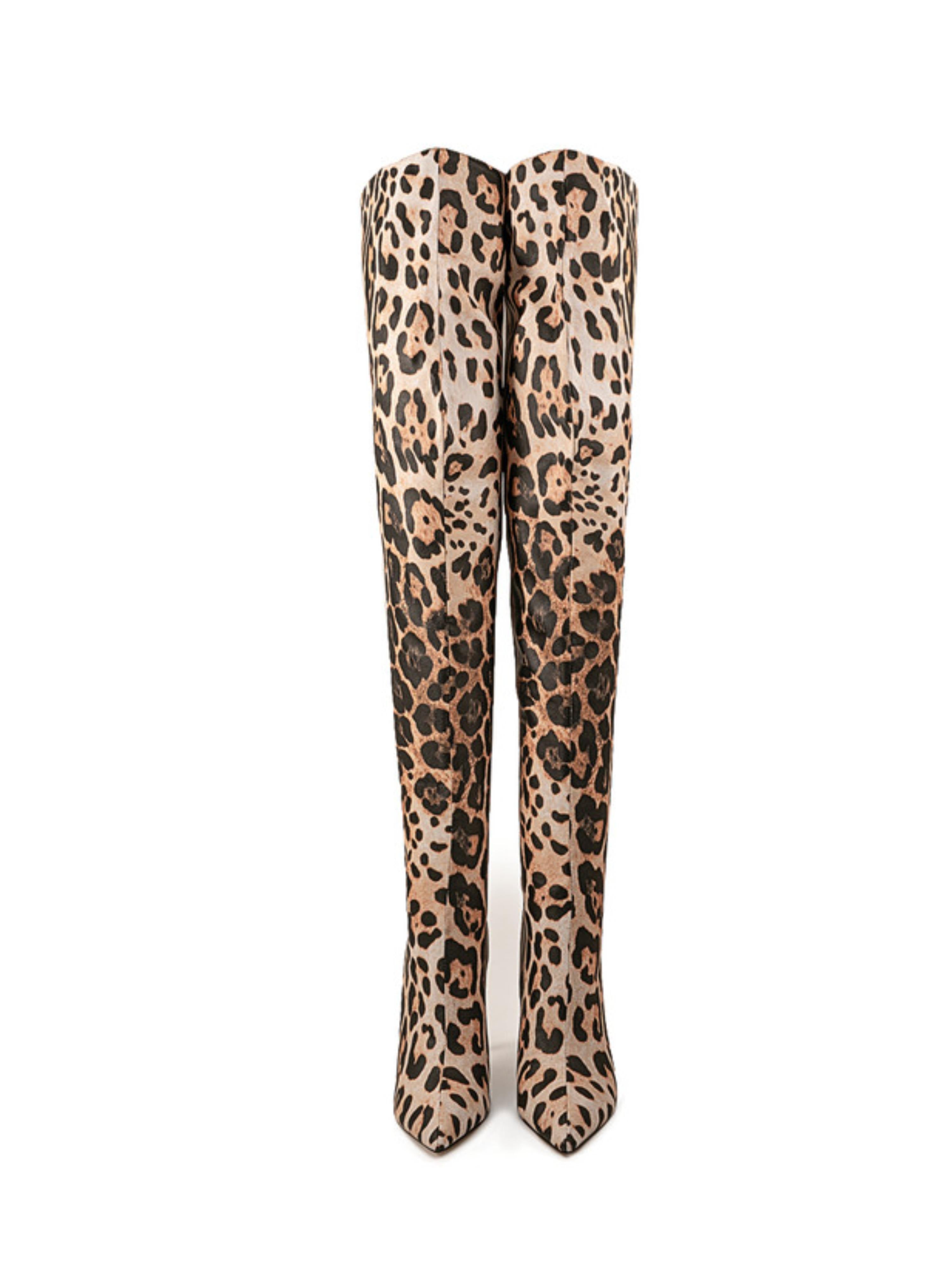 Brown Thigh-High Leopard Boots with Stiletto Heels