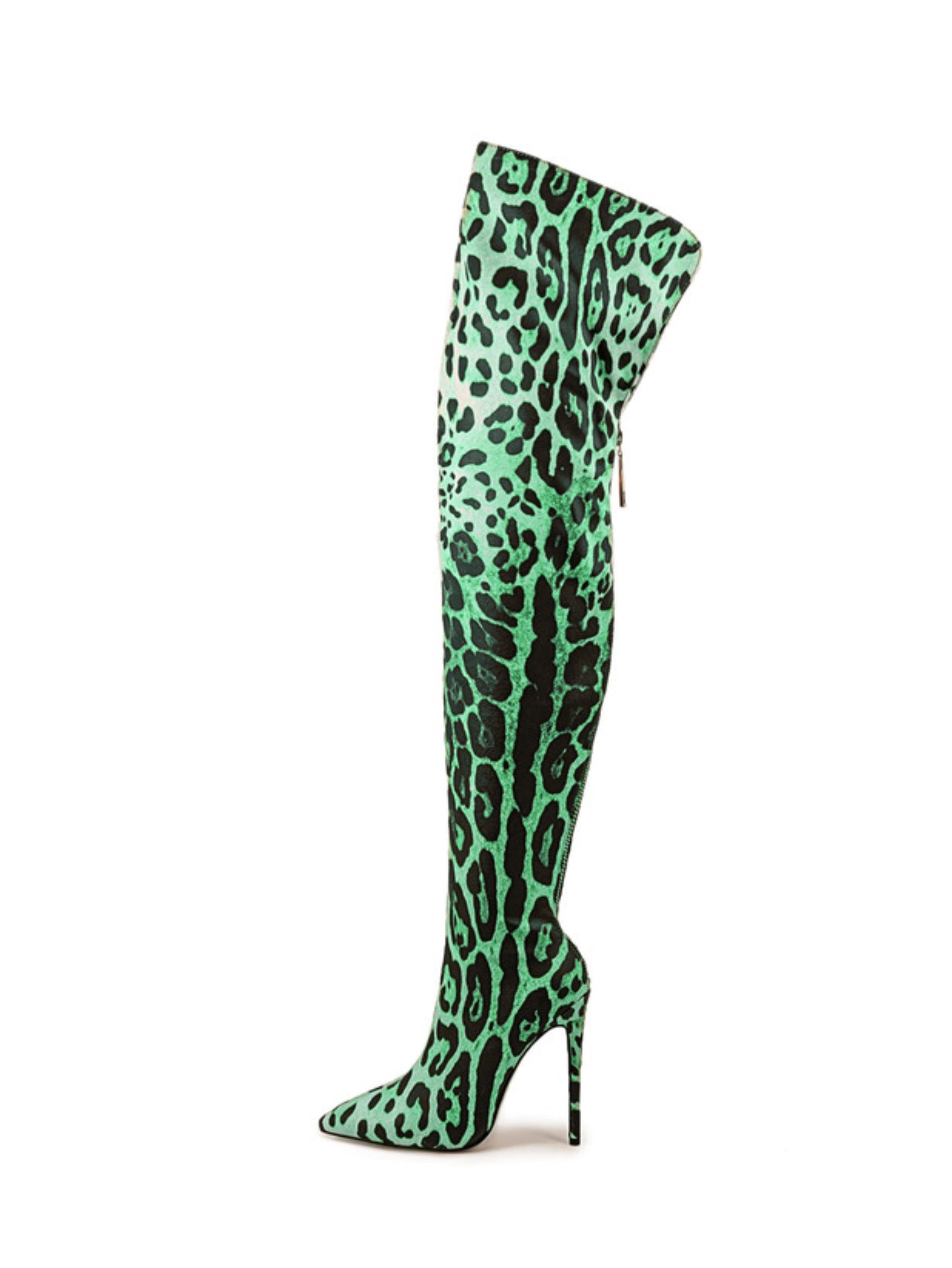 Green High Heel Thigh-High Boots with Leopard Pattern