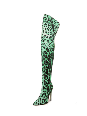 Green High Heel Thigh-High Boots with Leopard Pattern