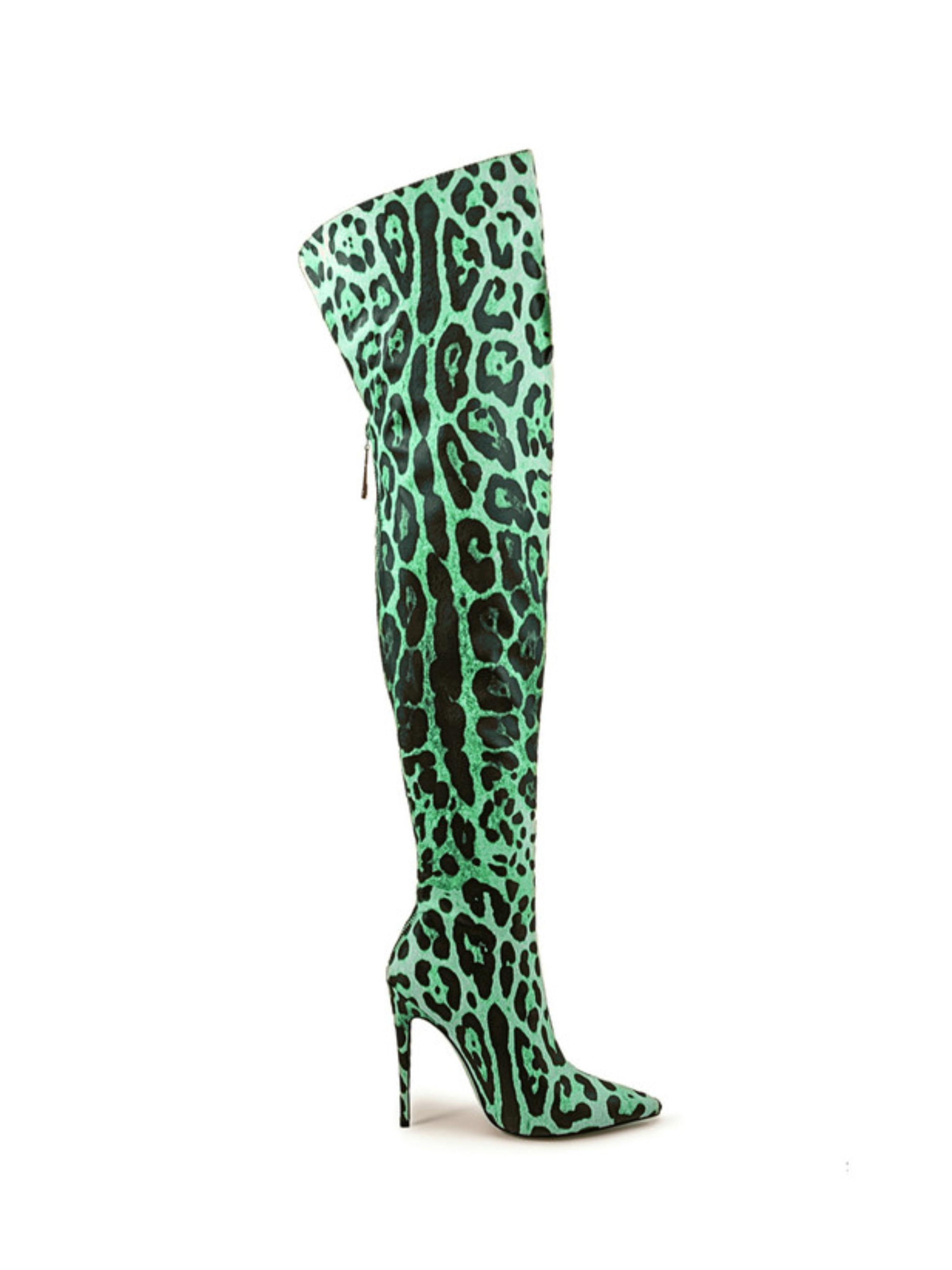 Green High Heel Thigh-High Boots with Leopard Pattern