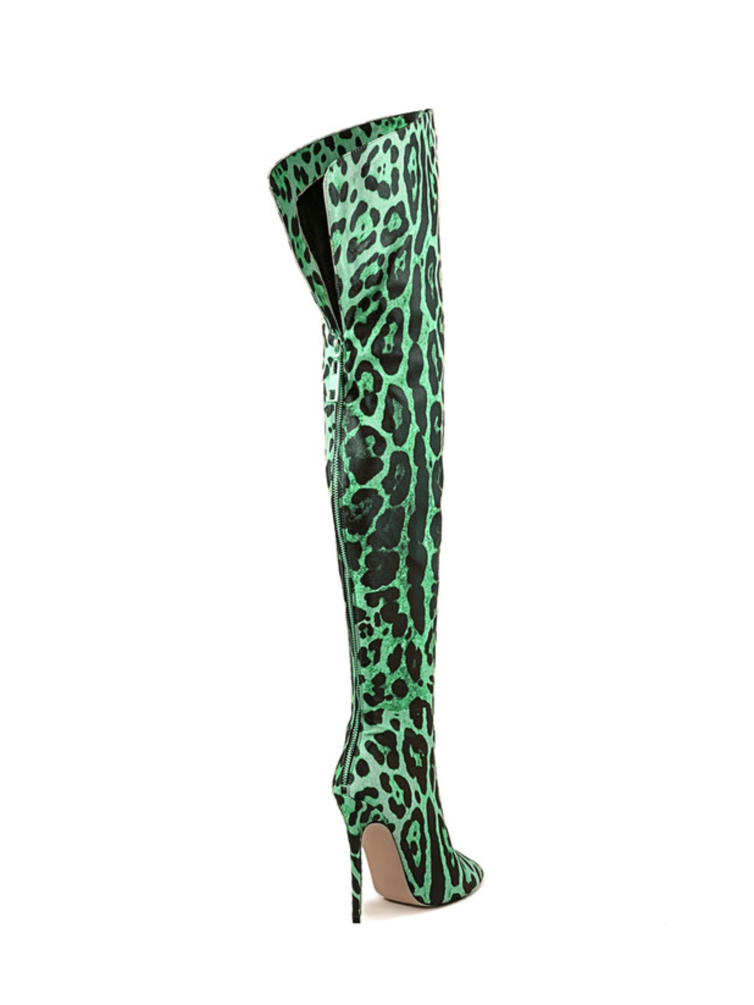 Green High Heel Thigh-High Boots with Leopard Pattern