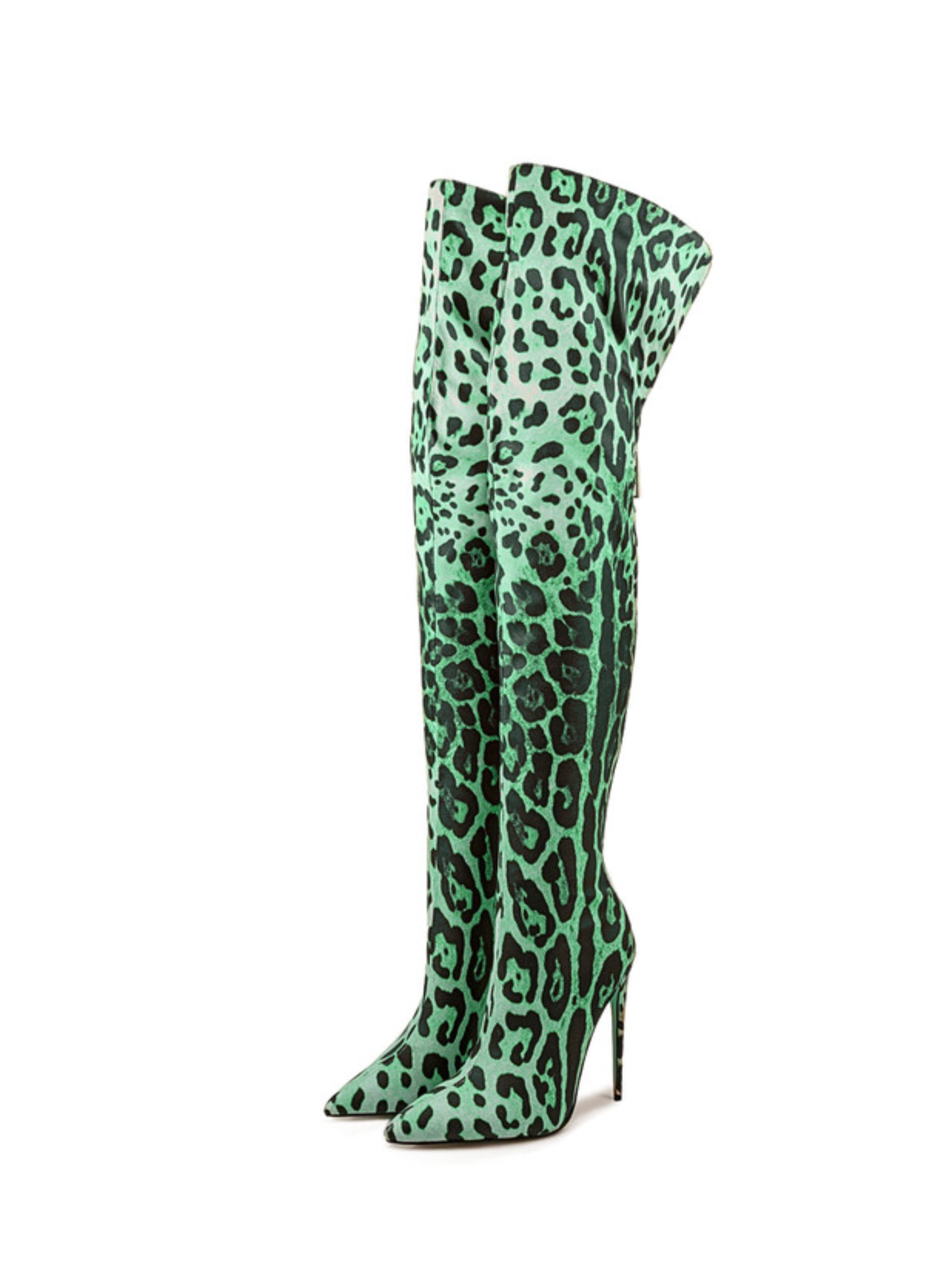 Green High Heel Thigh-High Boots with Leopard Pattern