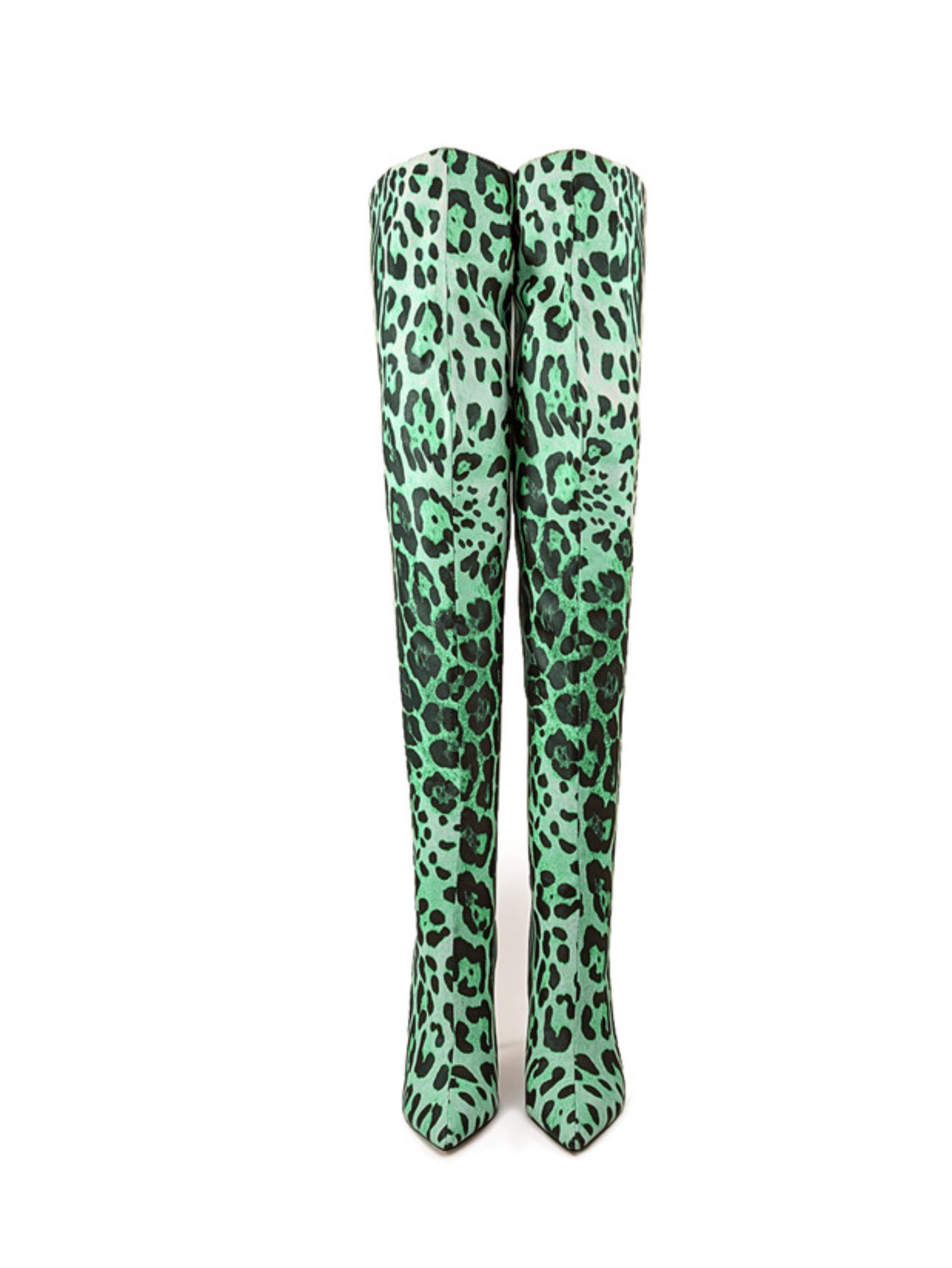 Green High Heel Thigh-High Boots with Leopard Pattern