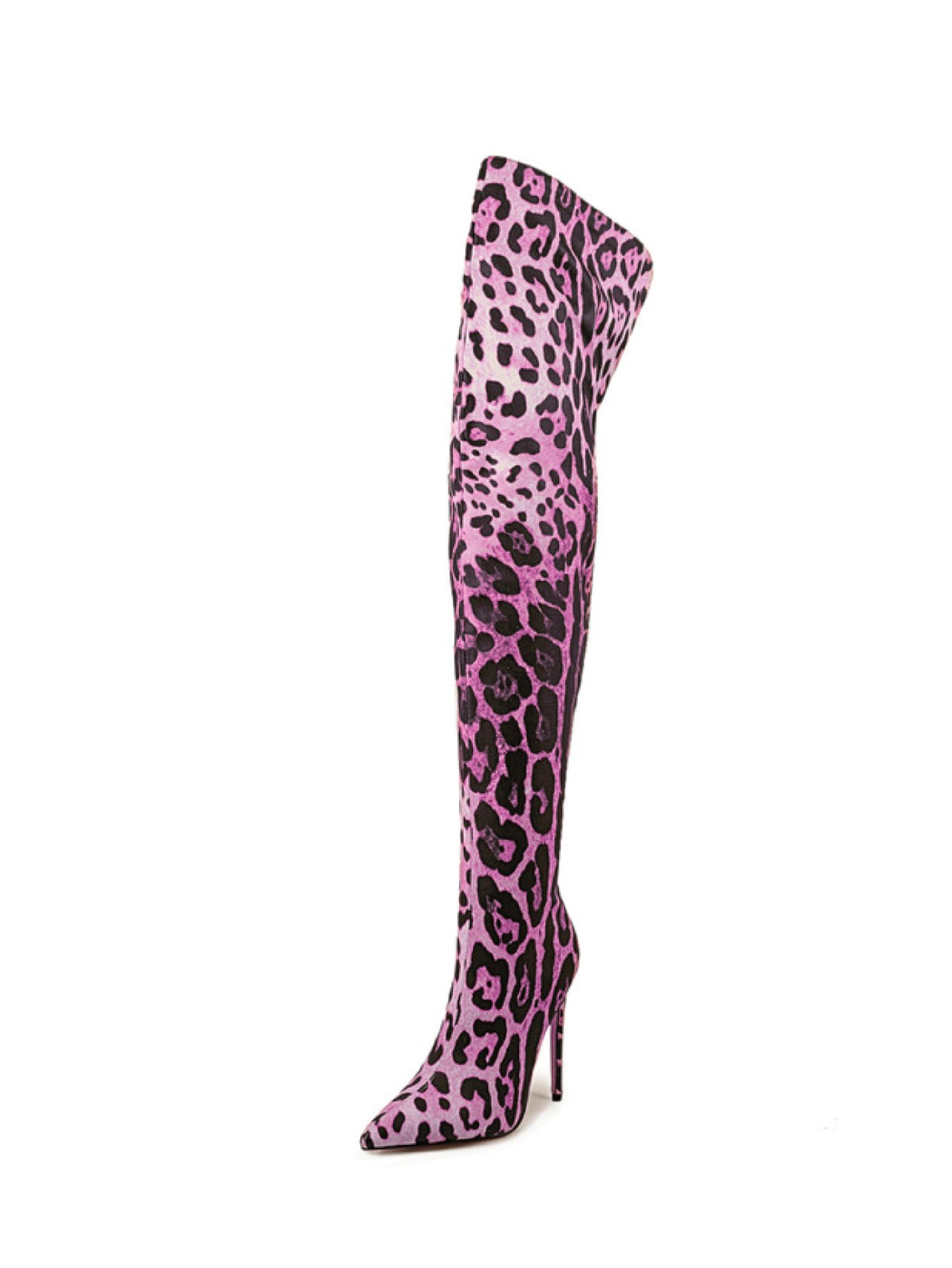 Purple Leopard Pointed Toe Over-the-Knee Boots for Women