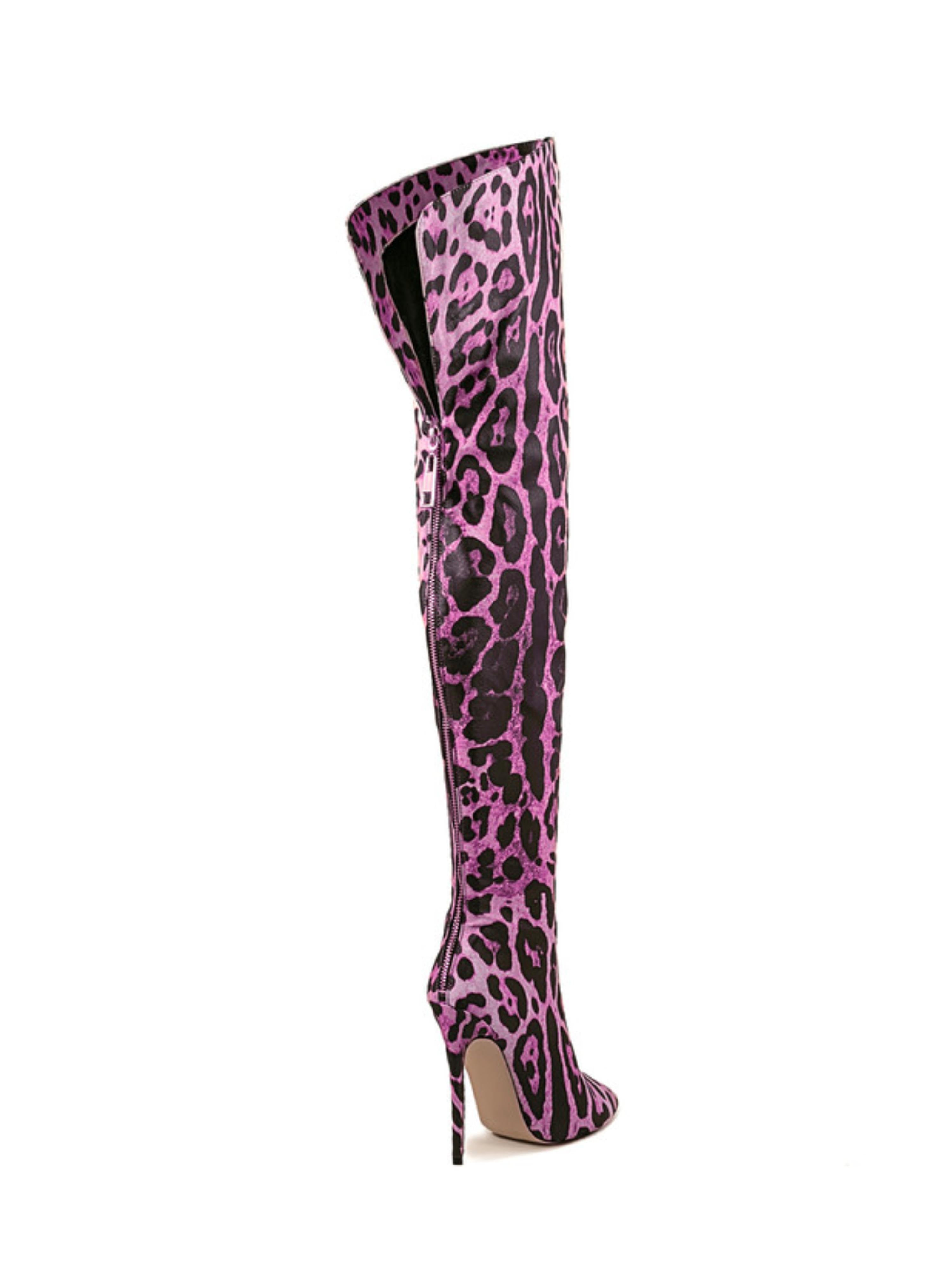 Purple Leopard Pointed Toe Over-the-Knee Boots for Women