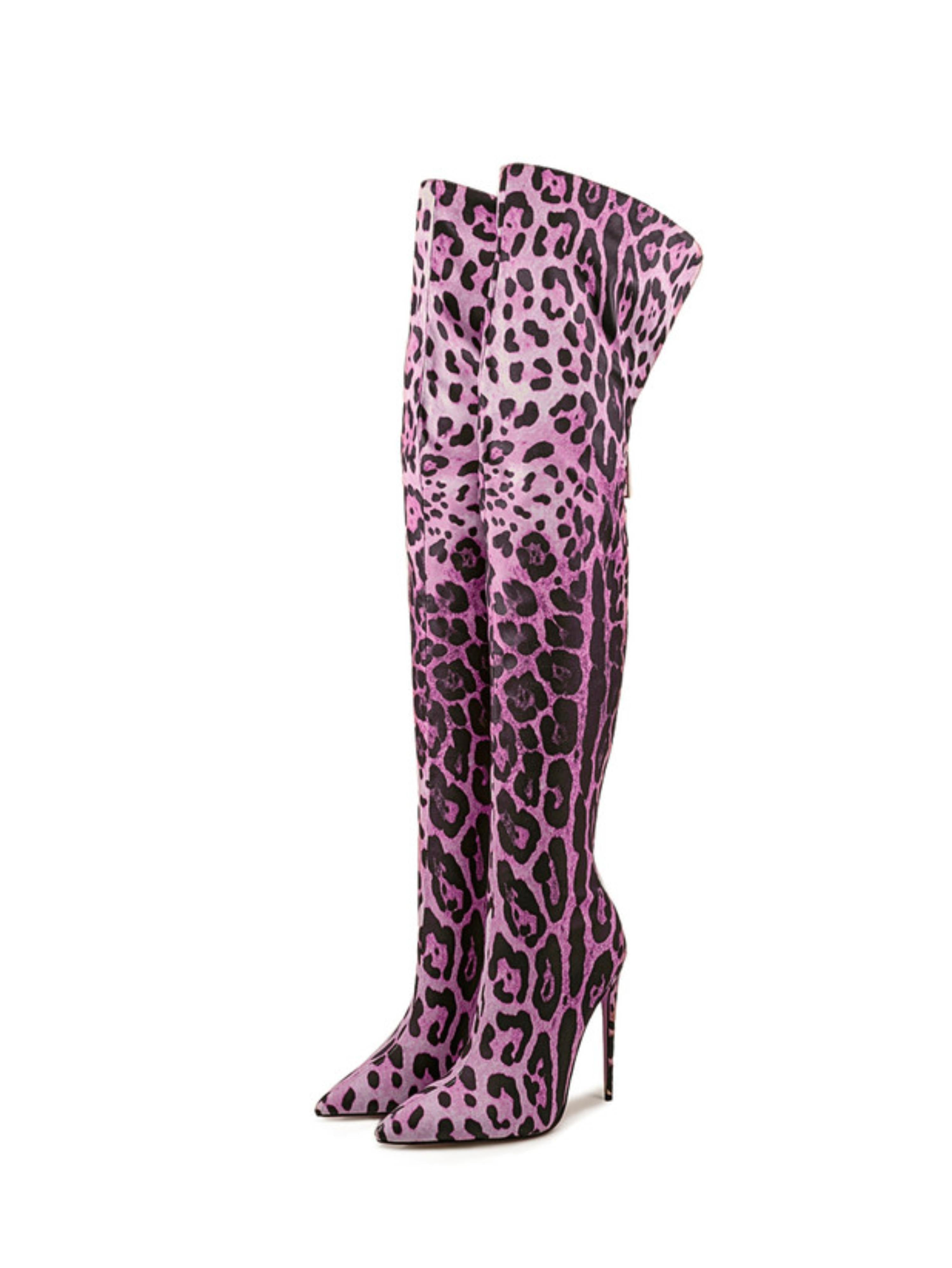 Purple Leopard Pointed Toe Over-the-Knee Boots for Women