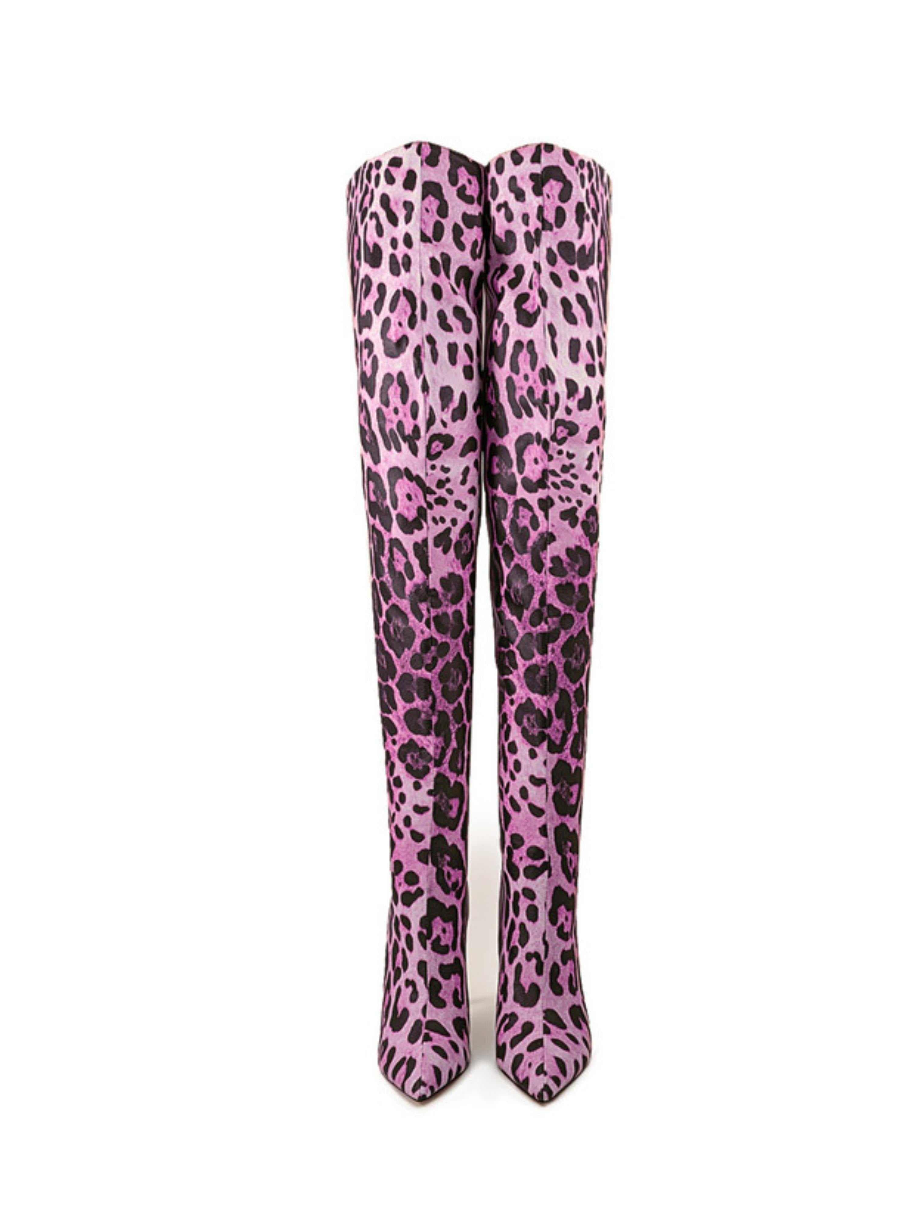Purple Leopard Pointed Toe Over-the-Knee Boots for Women