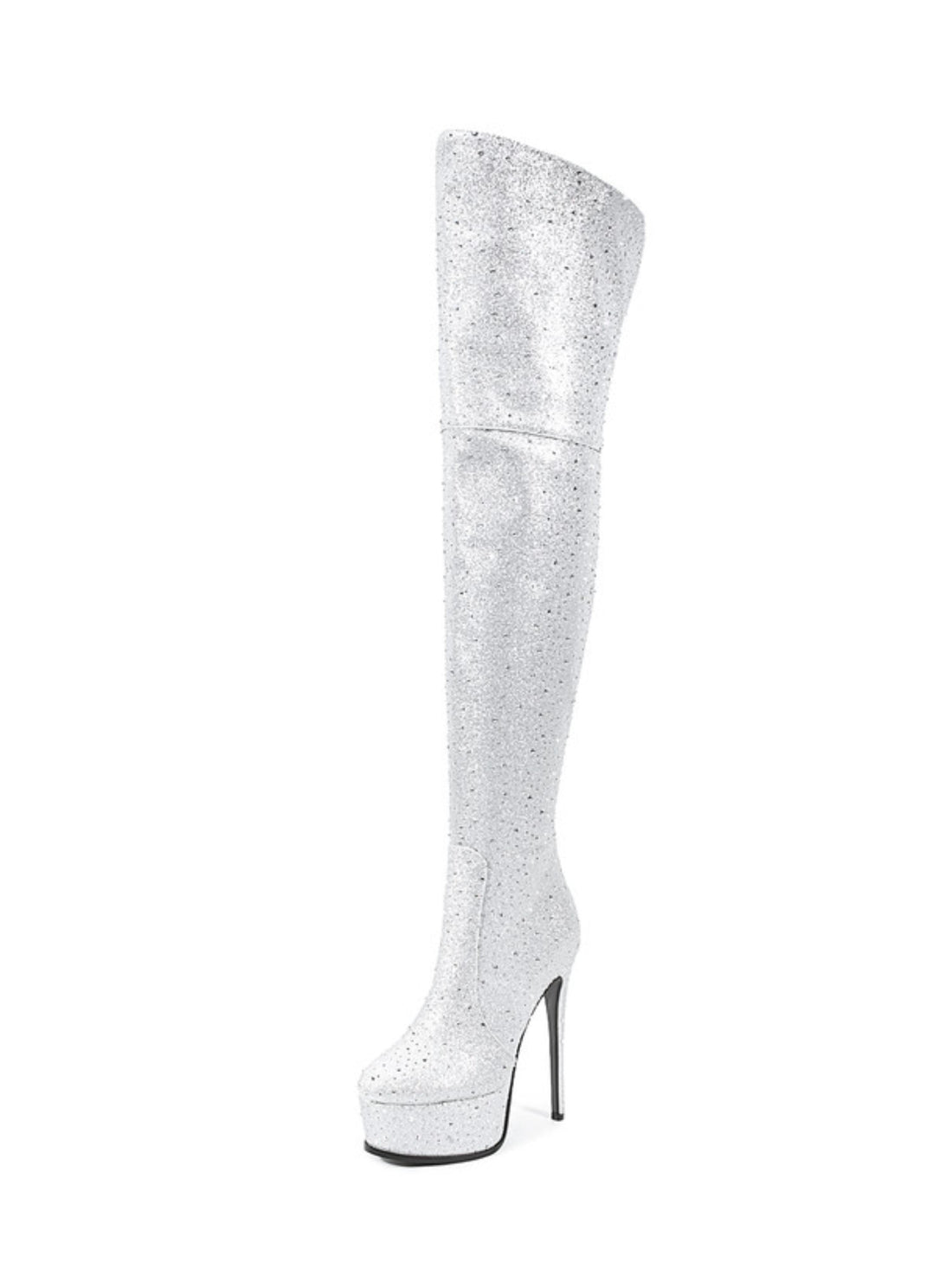 Silver Glitter Stiletto Thigh-High Boots for Women