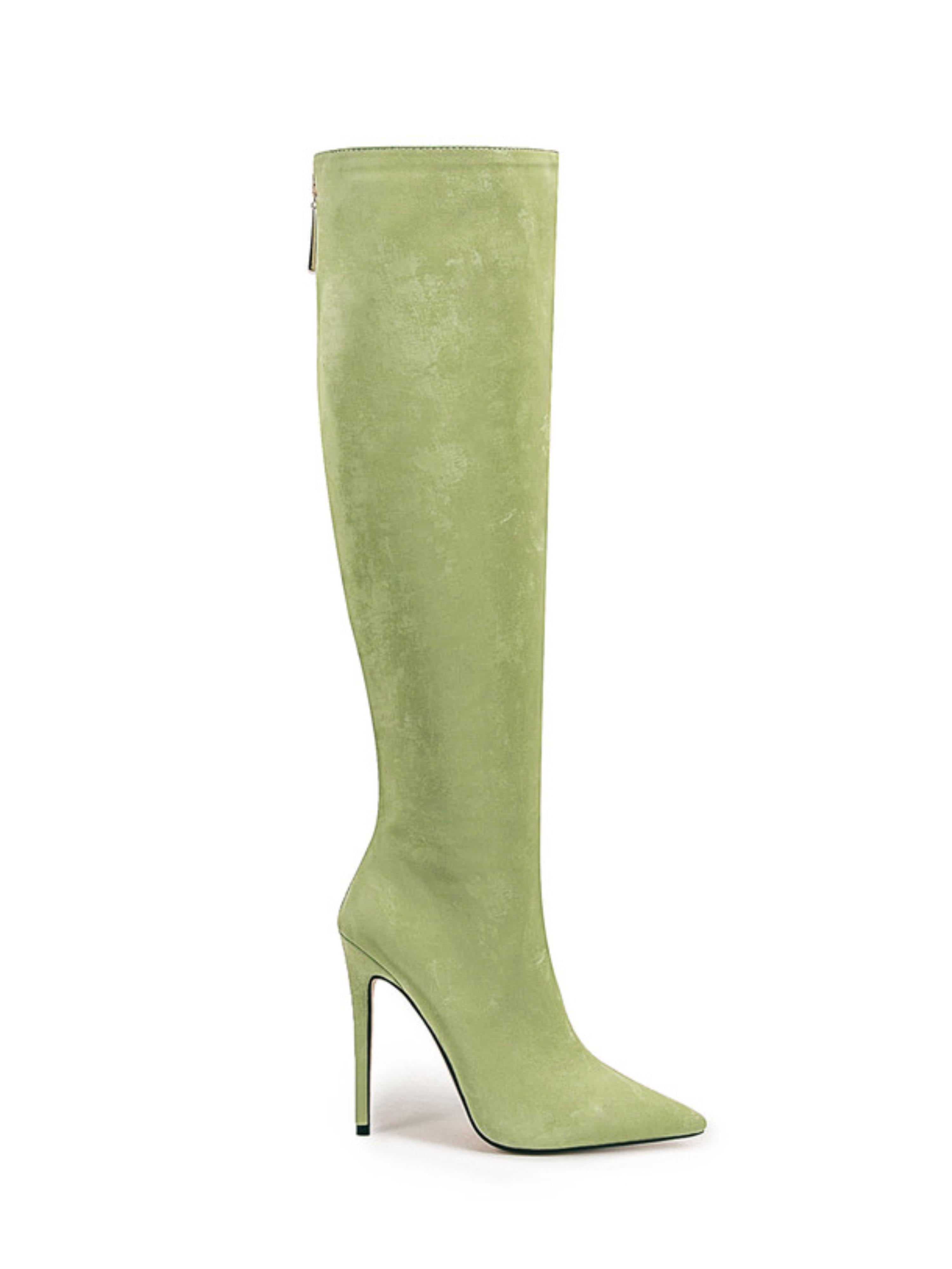 Green Pointed Toe Knee-High Boots with Back Zipper