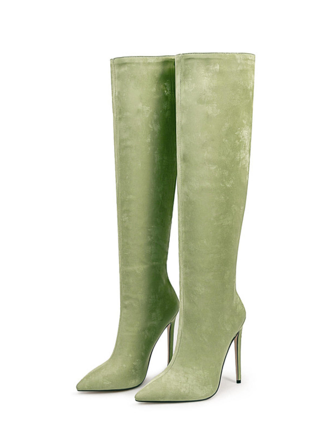 Green Pointed Toe Knee-High Boots with Back Zipper