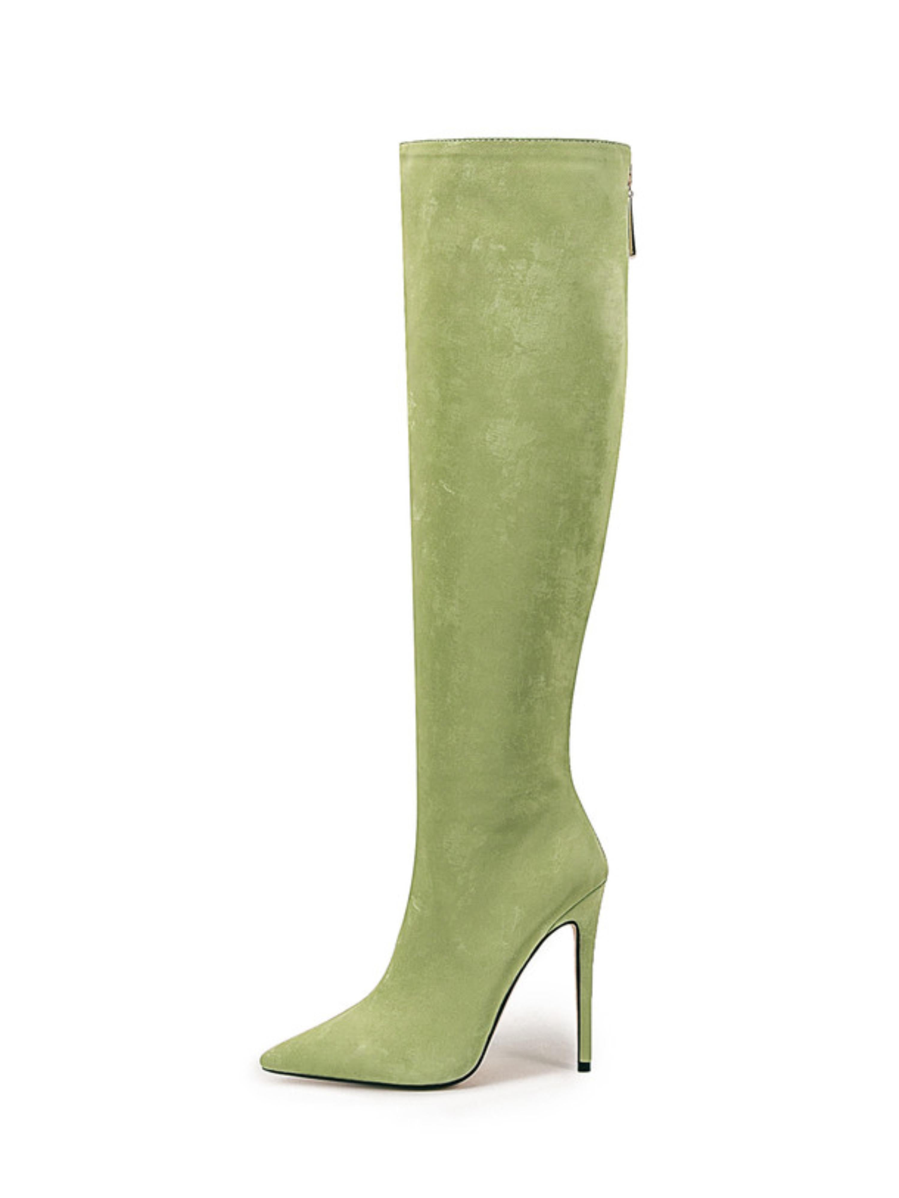 Green Pointed Toe Knee-High Boots with Back Zipper