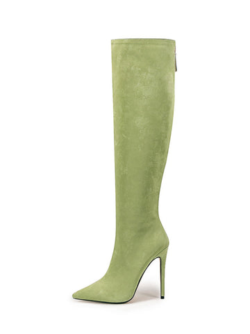 Green Pointed Toe Knee-High Boots with Back Zipper