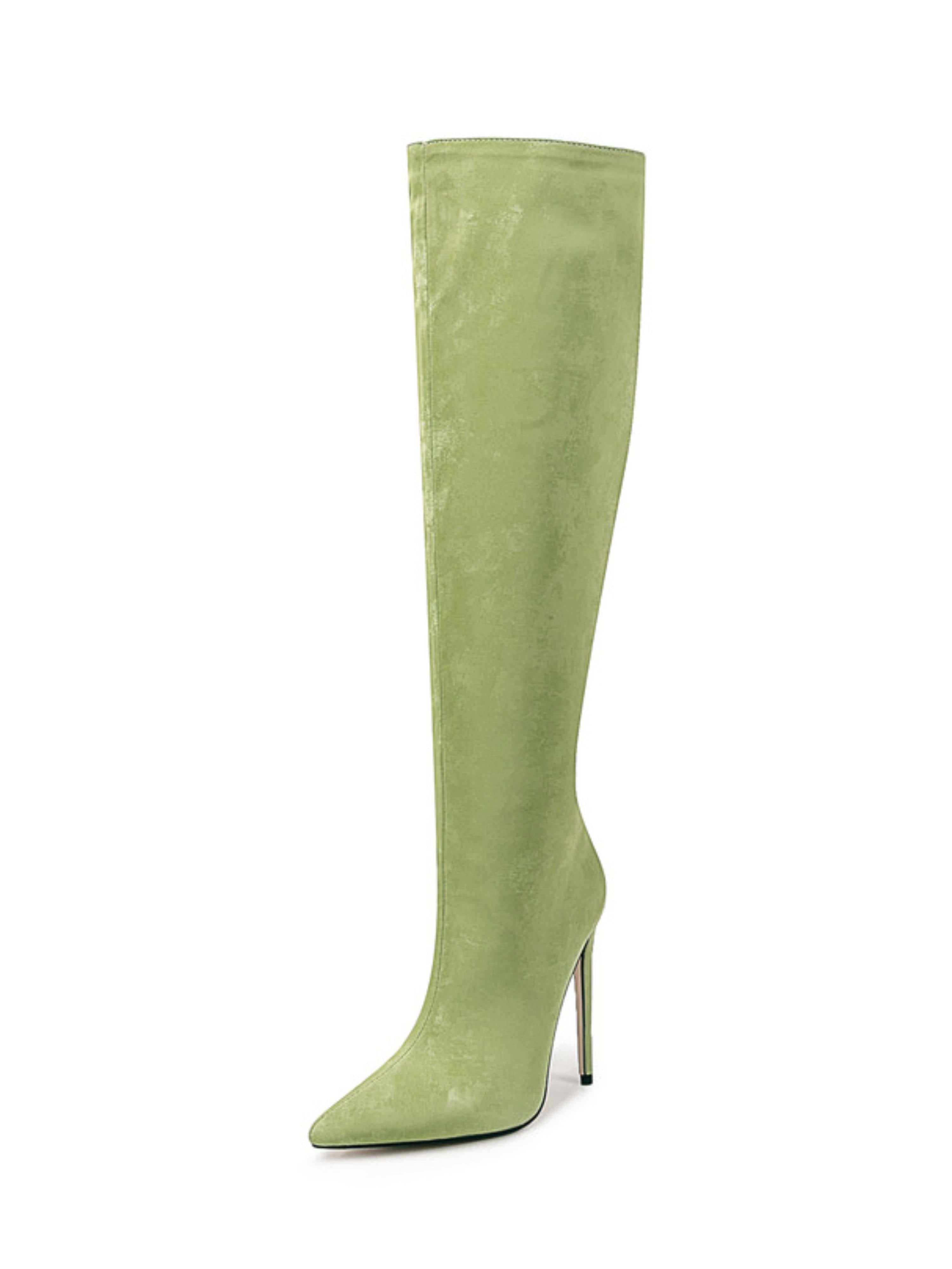 Green Pointed Toe Knee-High Boots with Back Zipper