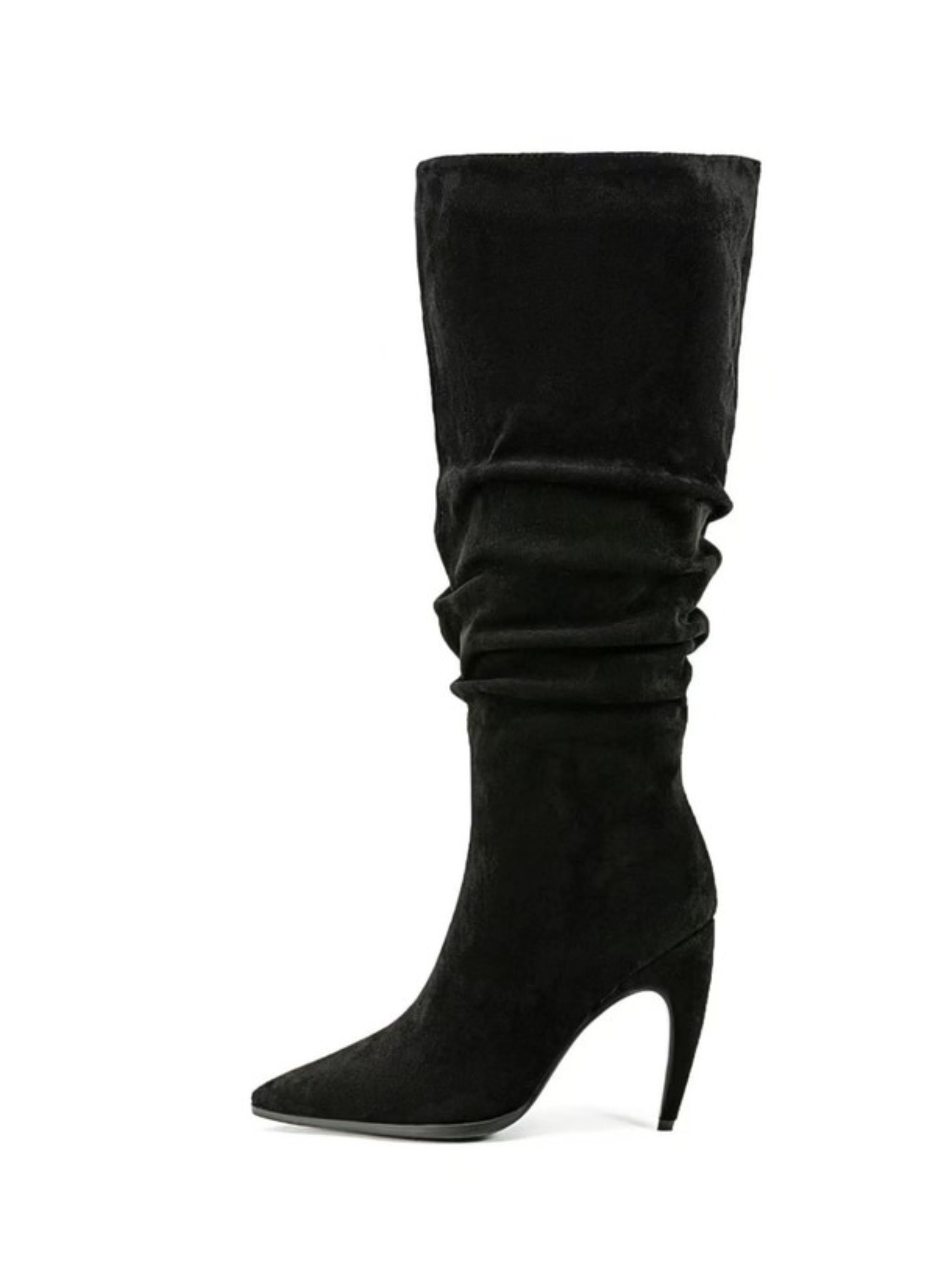 Black Suede Slouchy Stiletto Knee-High Pointed Toe Boots