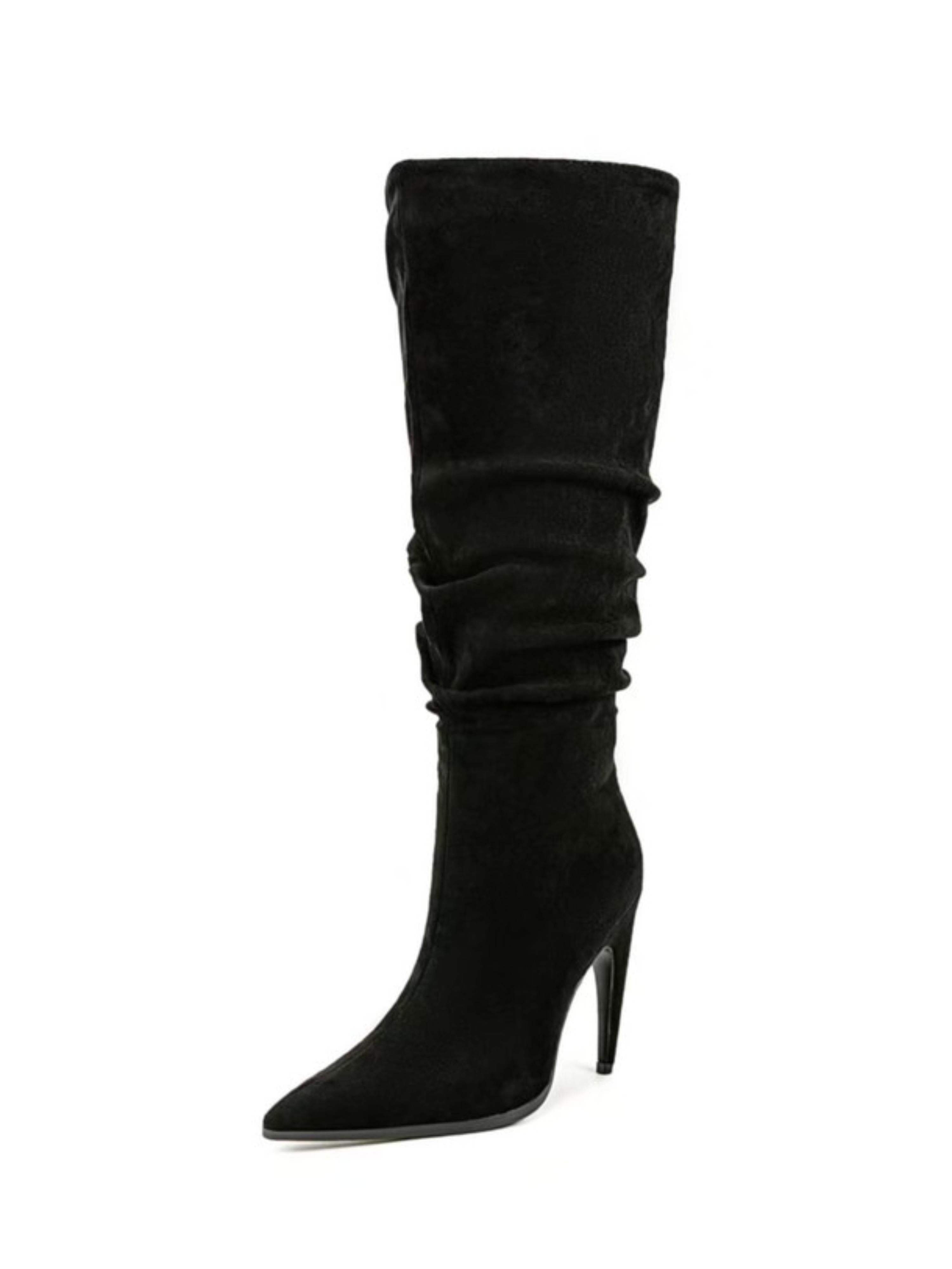 Black Suede Slouchy Stiletto Knee-High Pointed Toe Boots