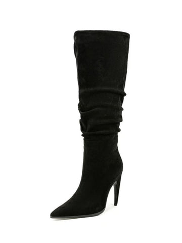 Black Suede Slouchy Stiletto Knee-High Pointed Toe Boots