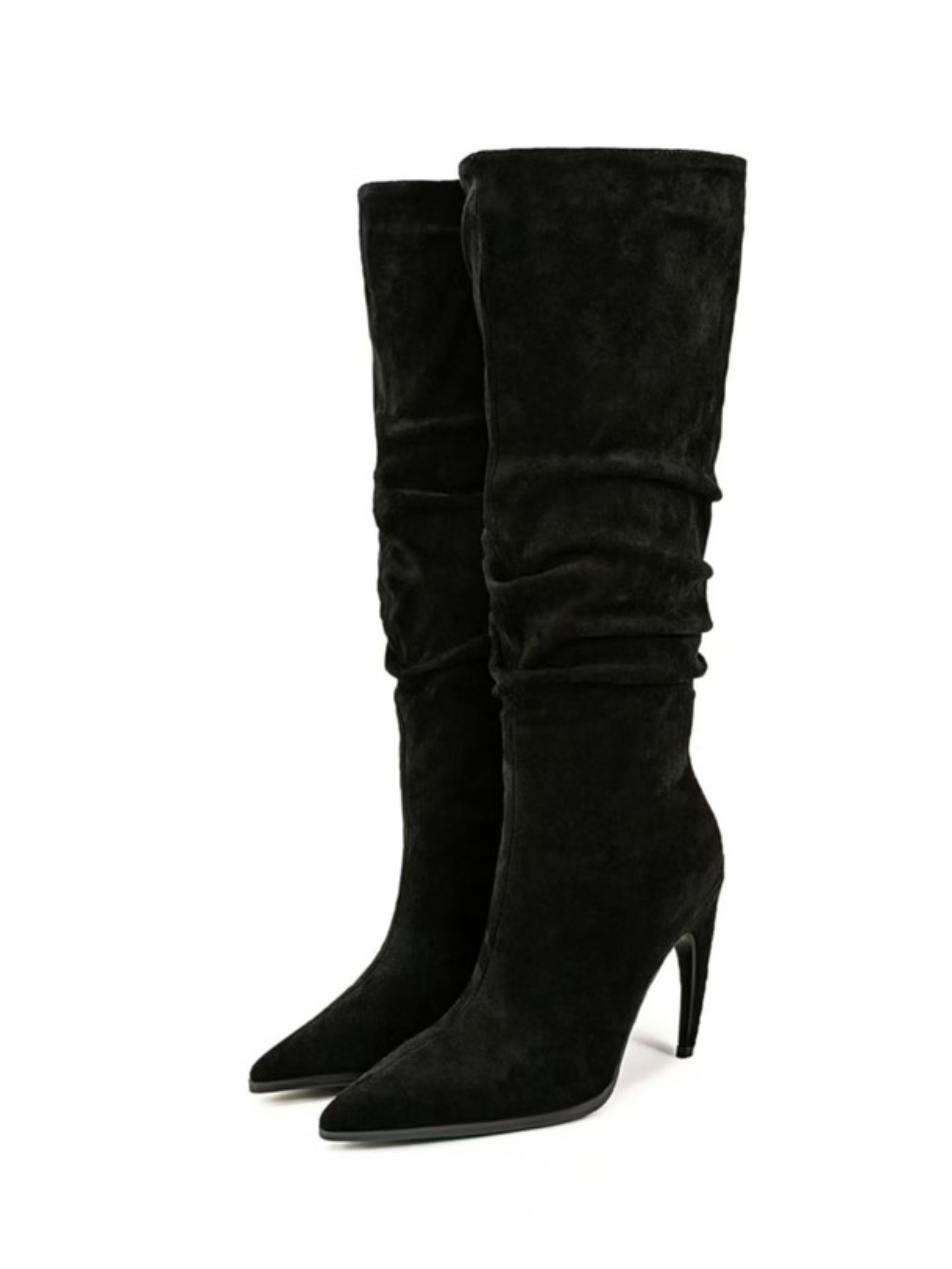 Black Suede Slouchy Stiletto Knee-High Pointed Toe Boots