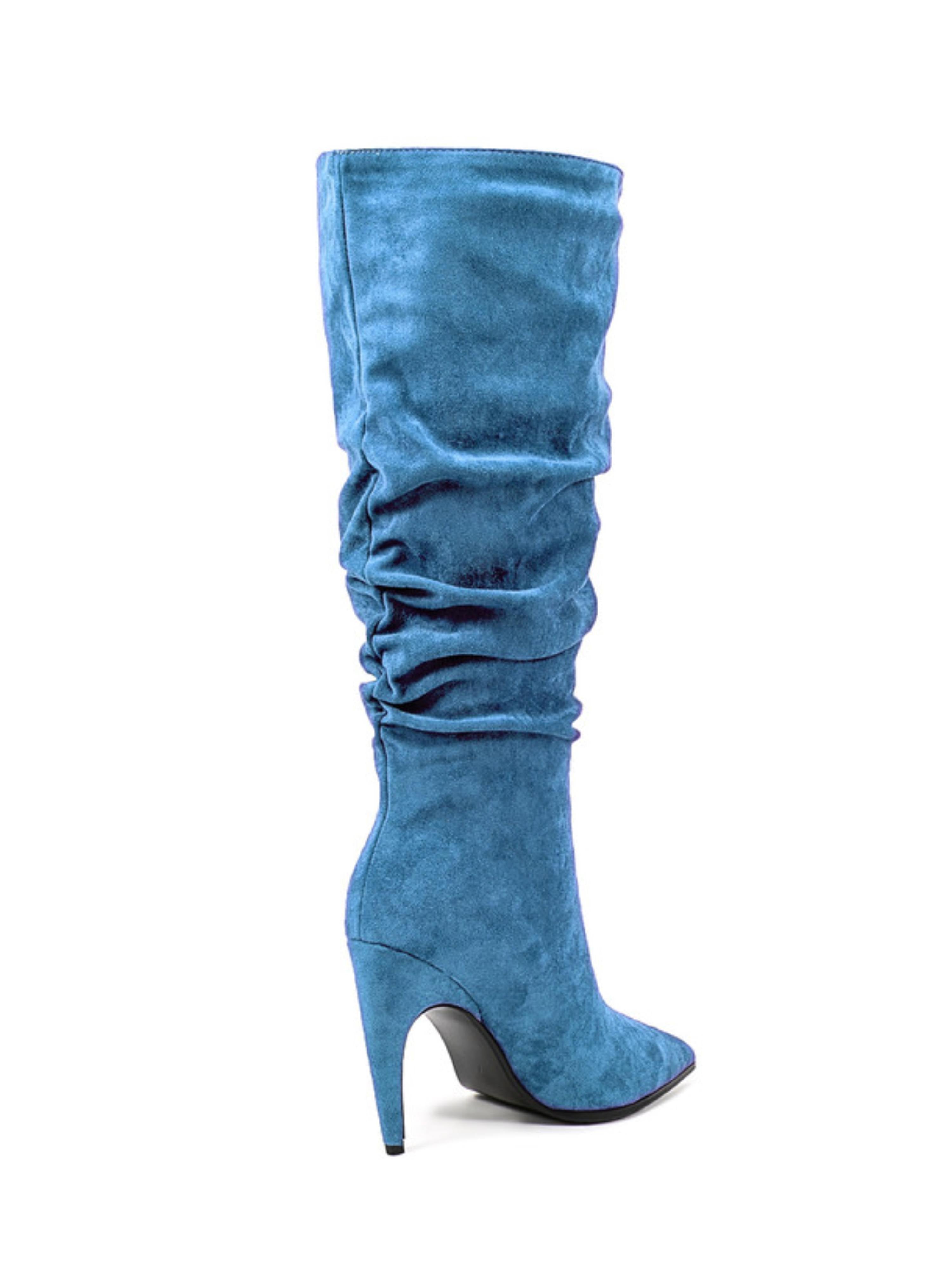 Blue Suede Slip-On Stiletto Heels Knee-High Boots