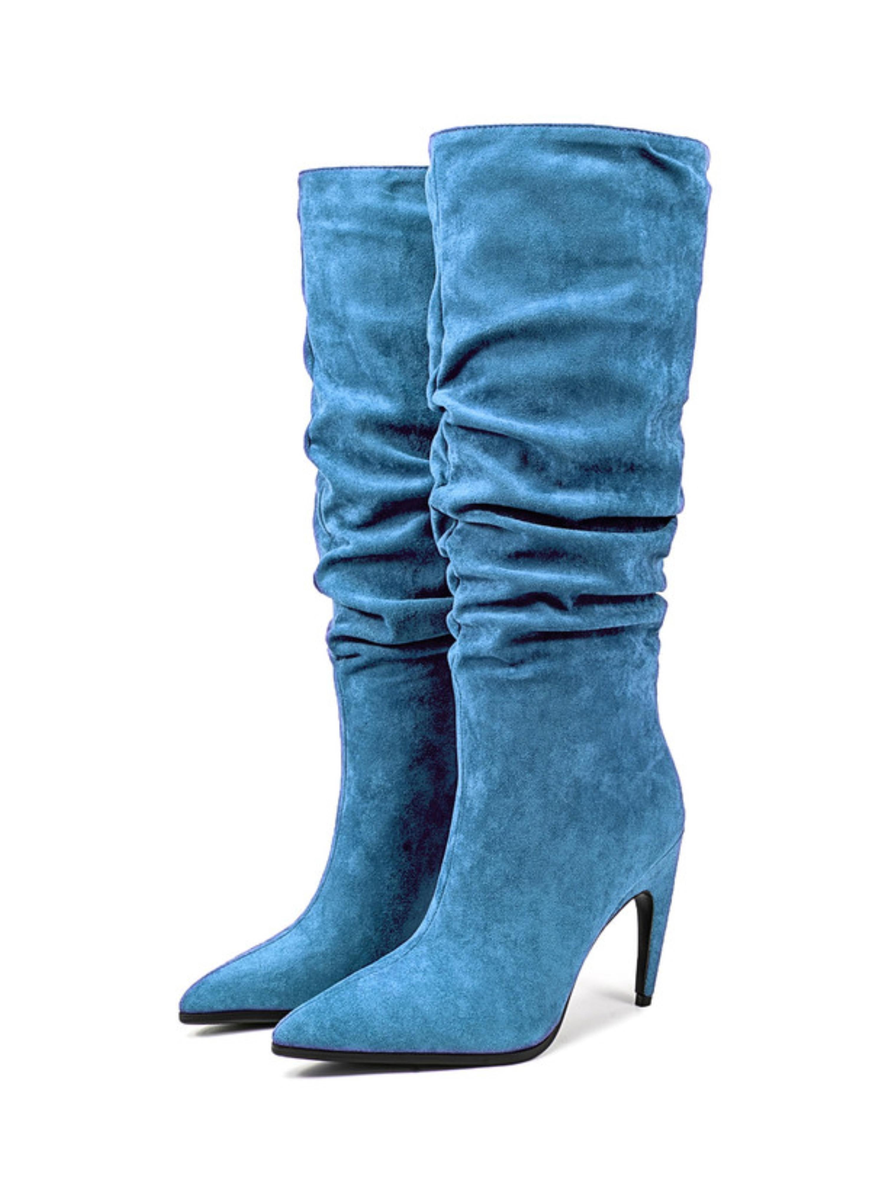 Blue Suede Slip-On Stiletto Heels Knee-High Boots