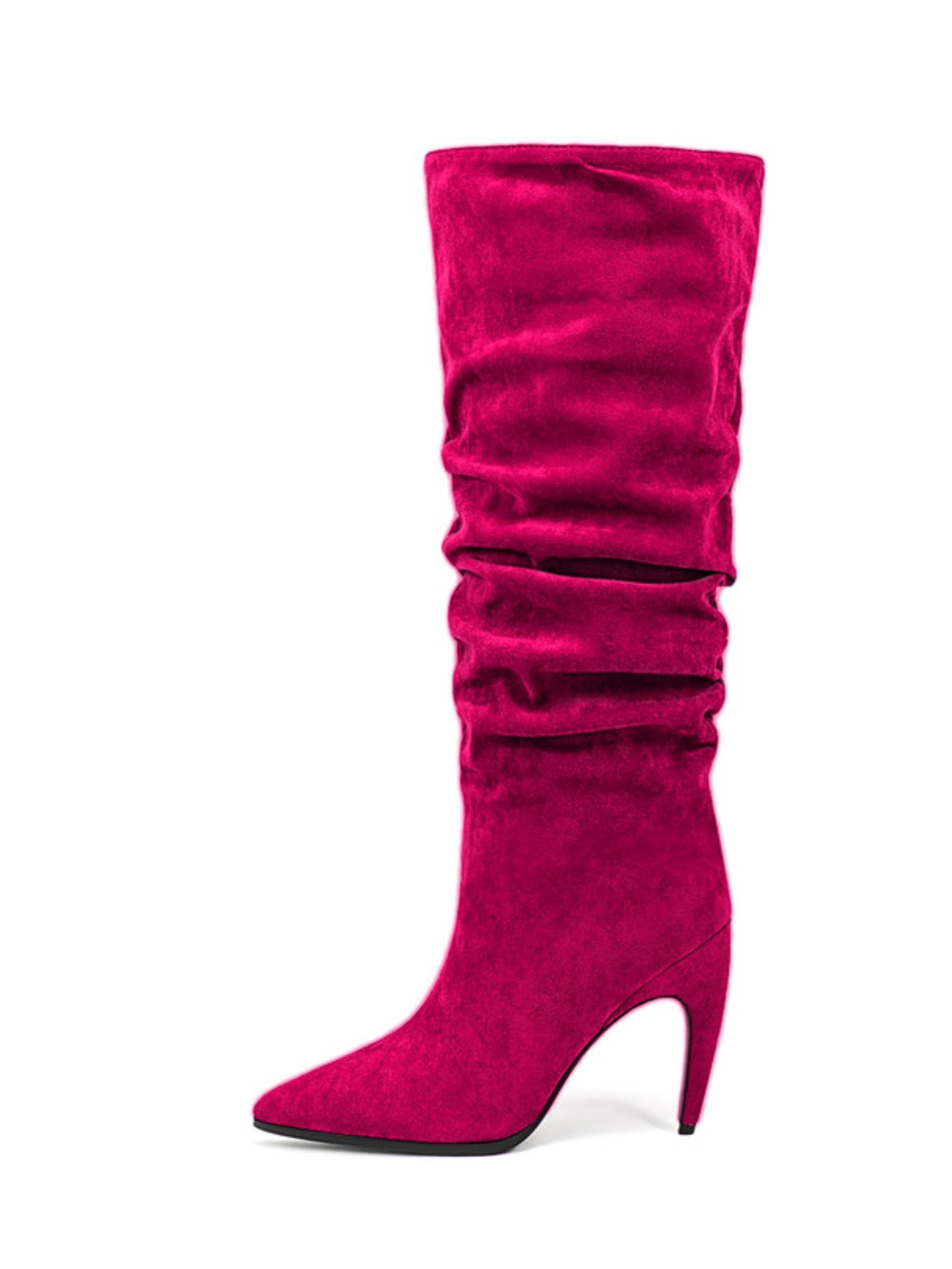 Fuchsia Suede Slouchy Pointed Toe Knee-High Boots