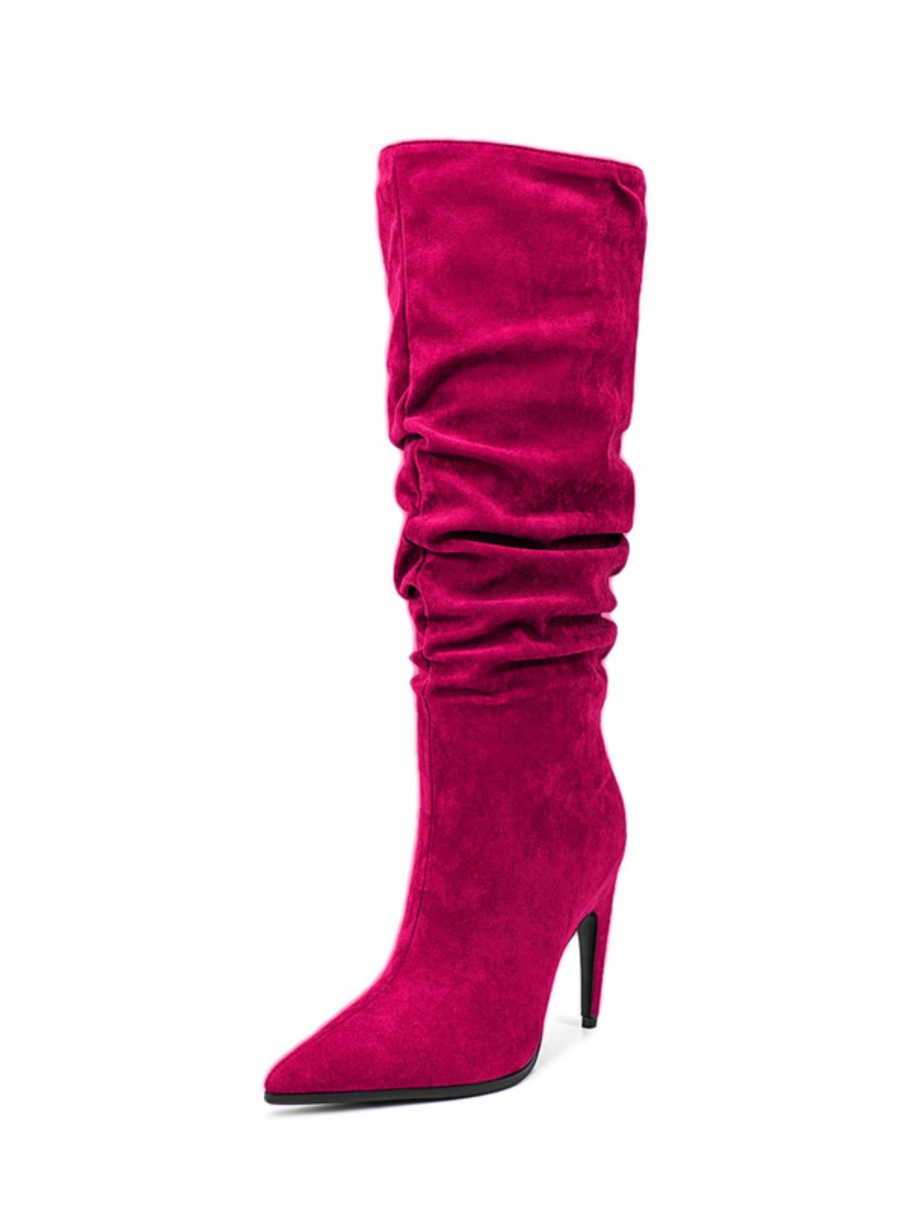 Fuchsia Suede Slouchy Pointed Toe Knee-High Boots