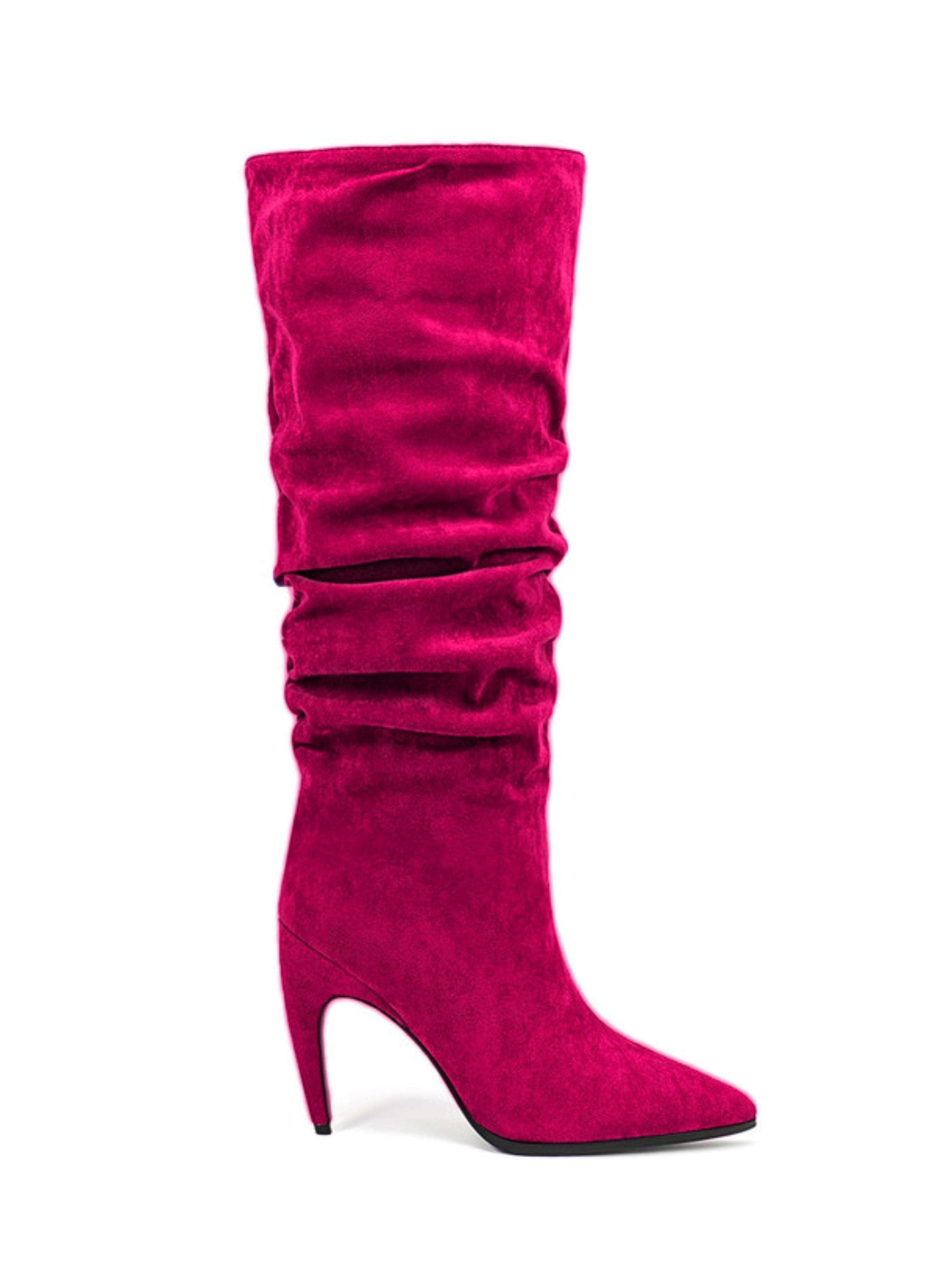 Fuchsia Suede Slouchy Pointed Toe Knee-High Boots