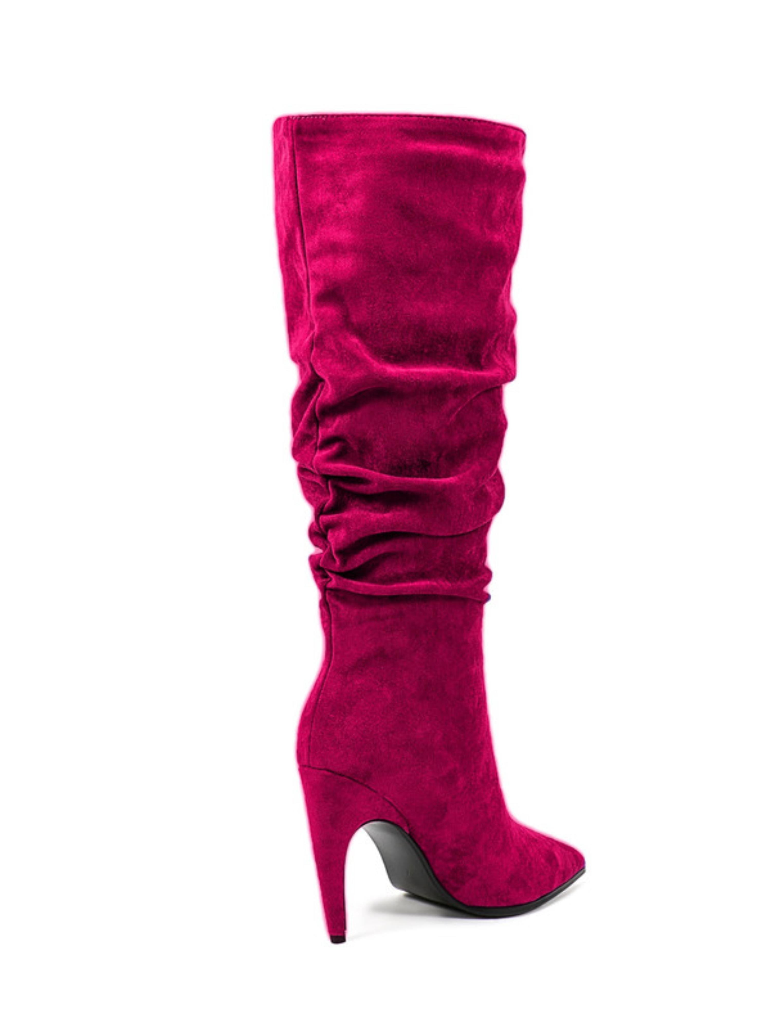 Fuchsia Suede Slouchy Pointed Toe Knee-High Boots