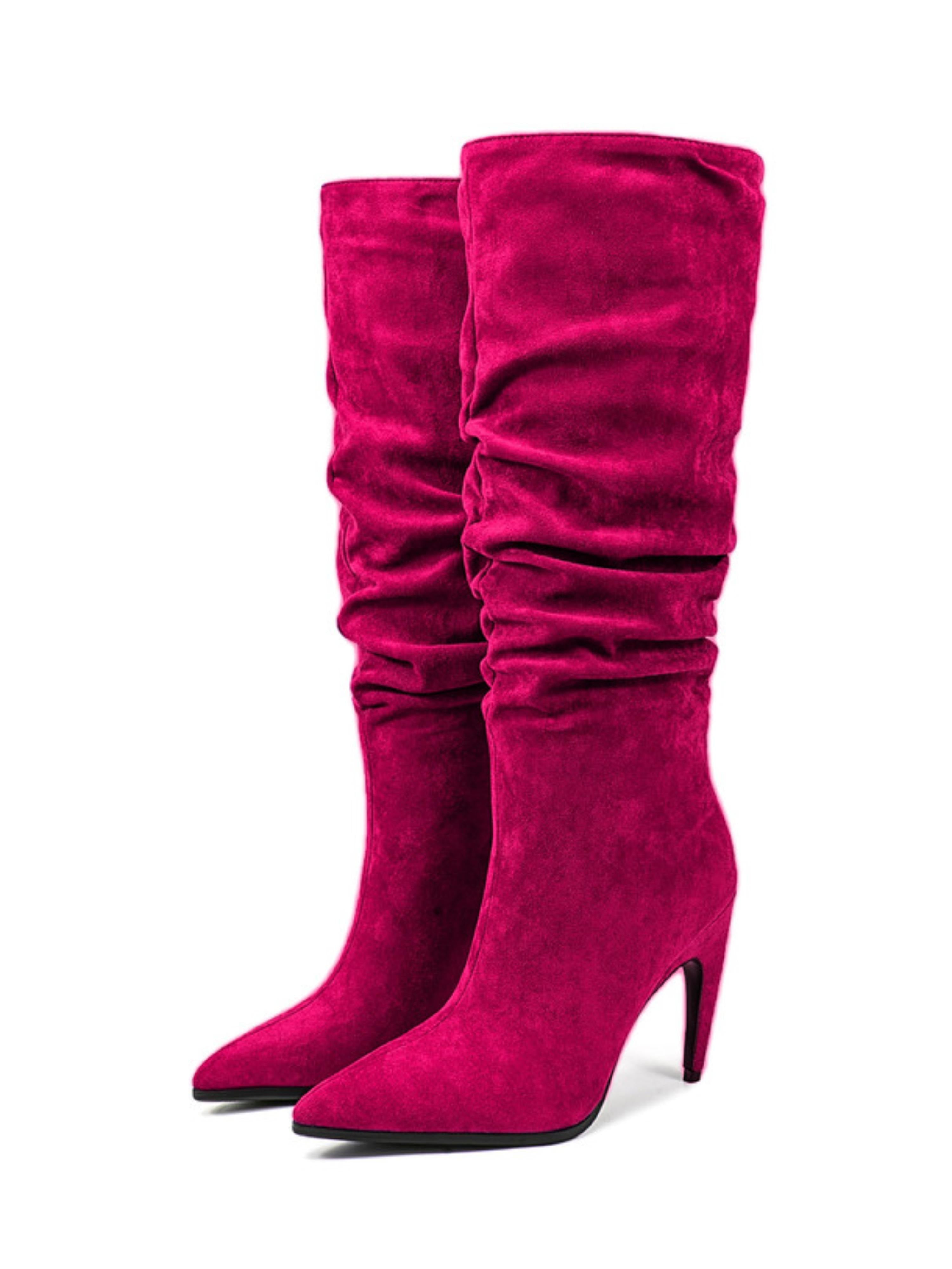 Fuchsia Suede Slouchy Pointed Toe Knee-High Boots