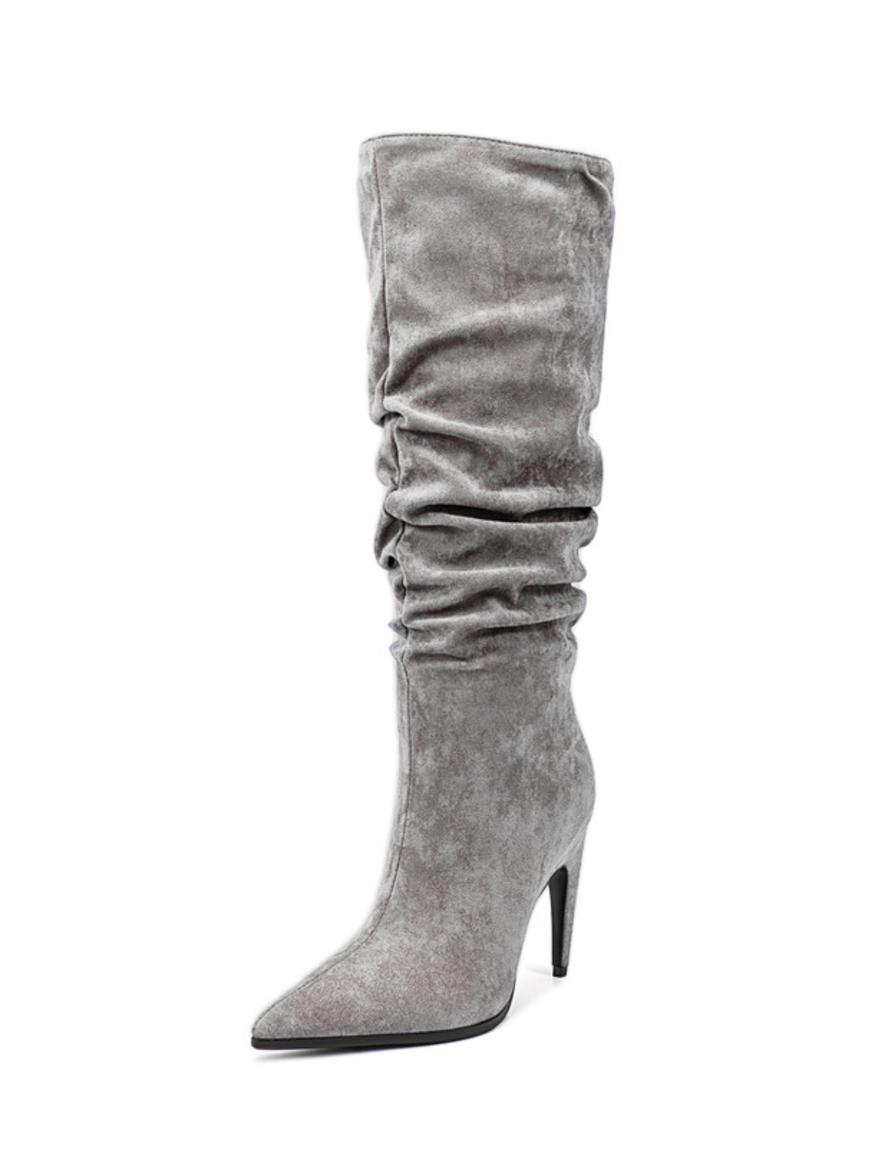 Women's Gray Suede Slouchy High-Heel Long Boots
