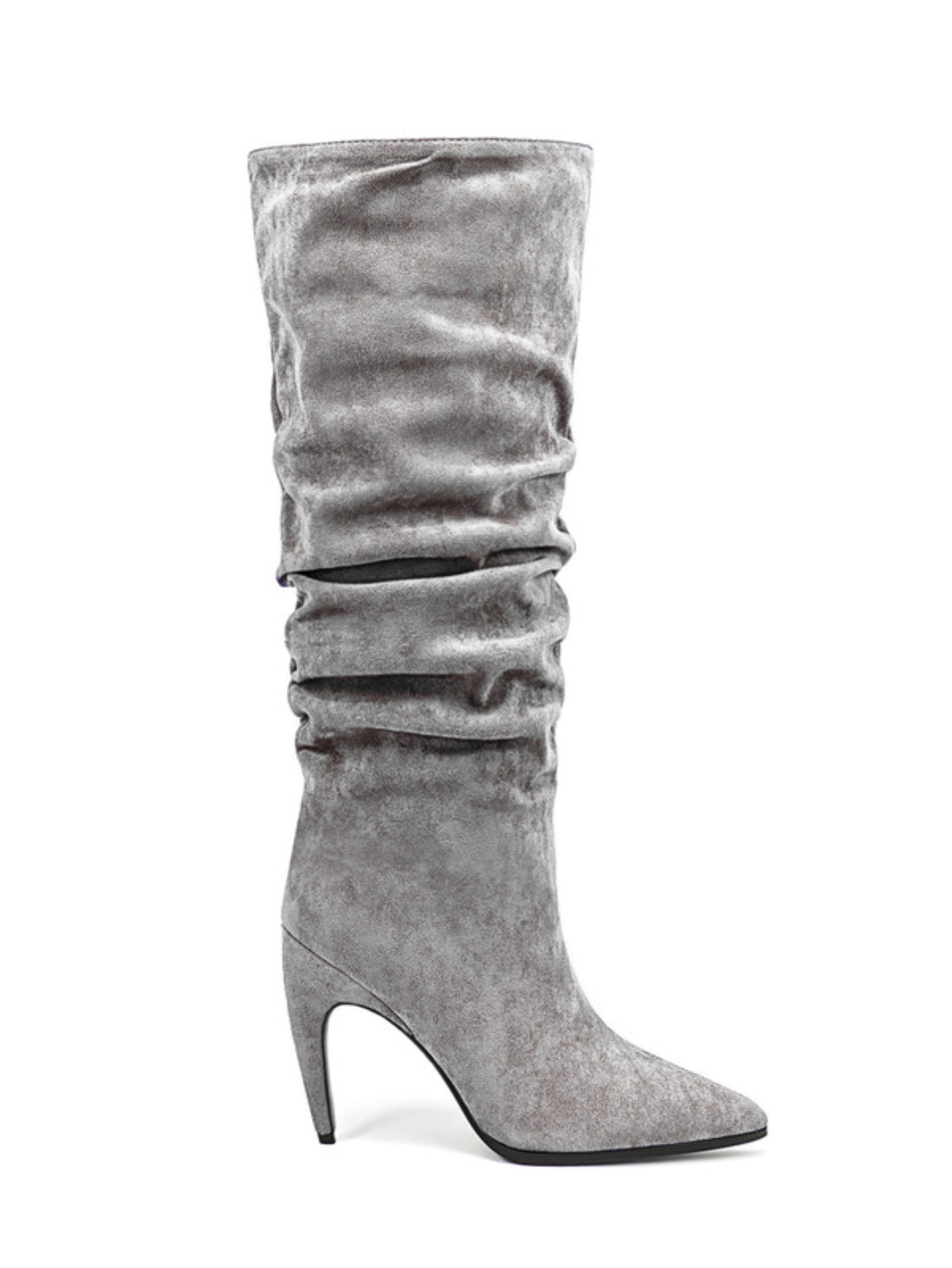 Women's Gray Suede Slouchy High-Heel Long Boots