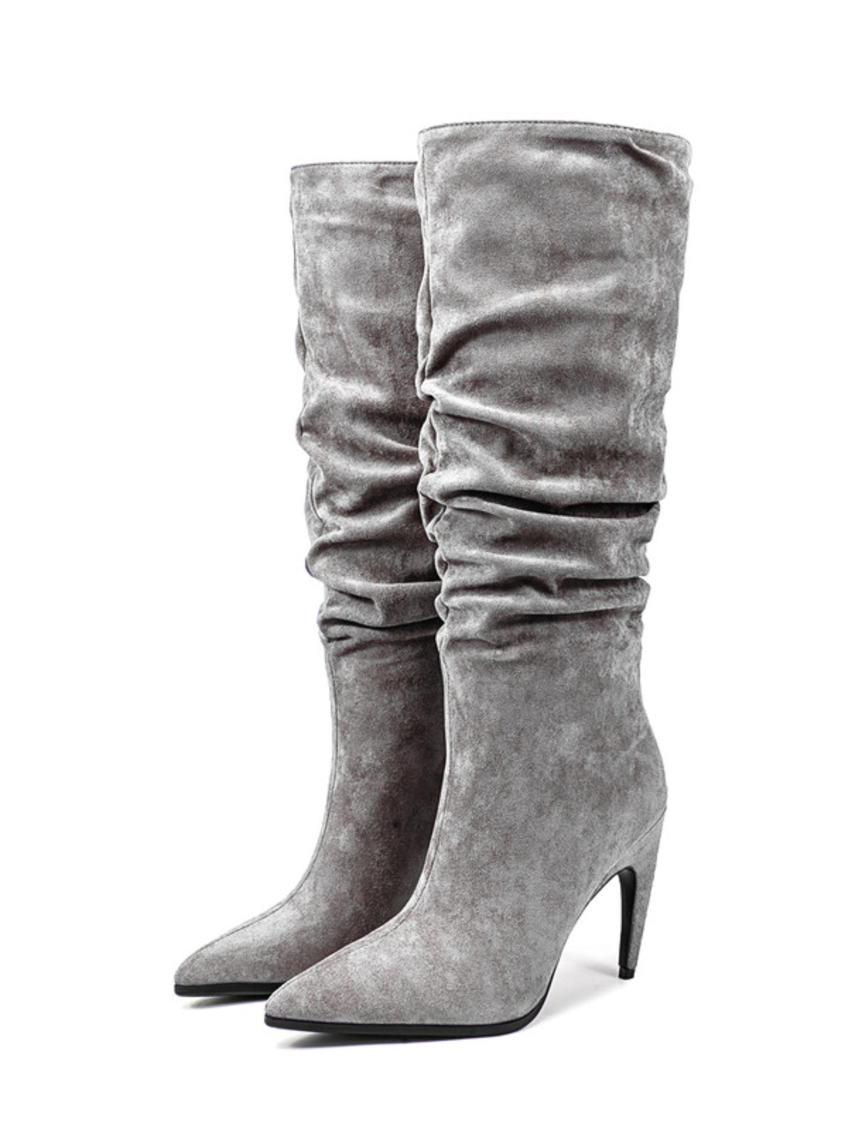 Women's Gray Suede Slouchy High-Heel Long Boots