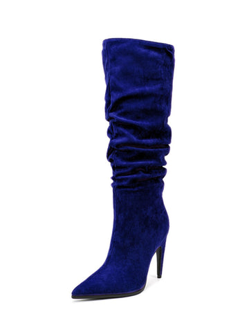 Navy Suede Slouchy Pointed Toe Knee-High Boots for Women