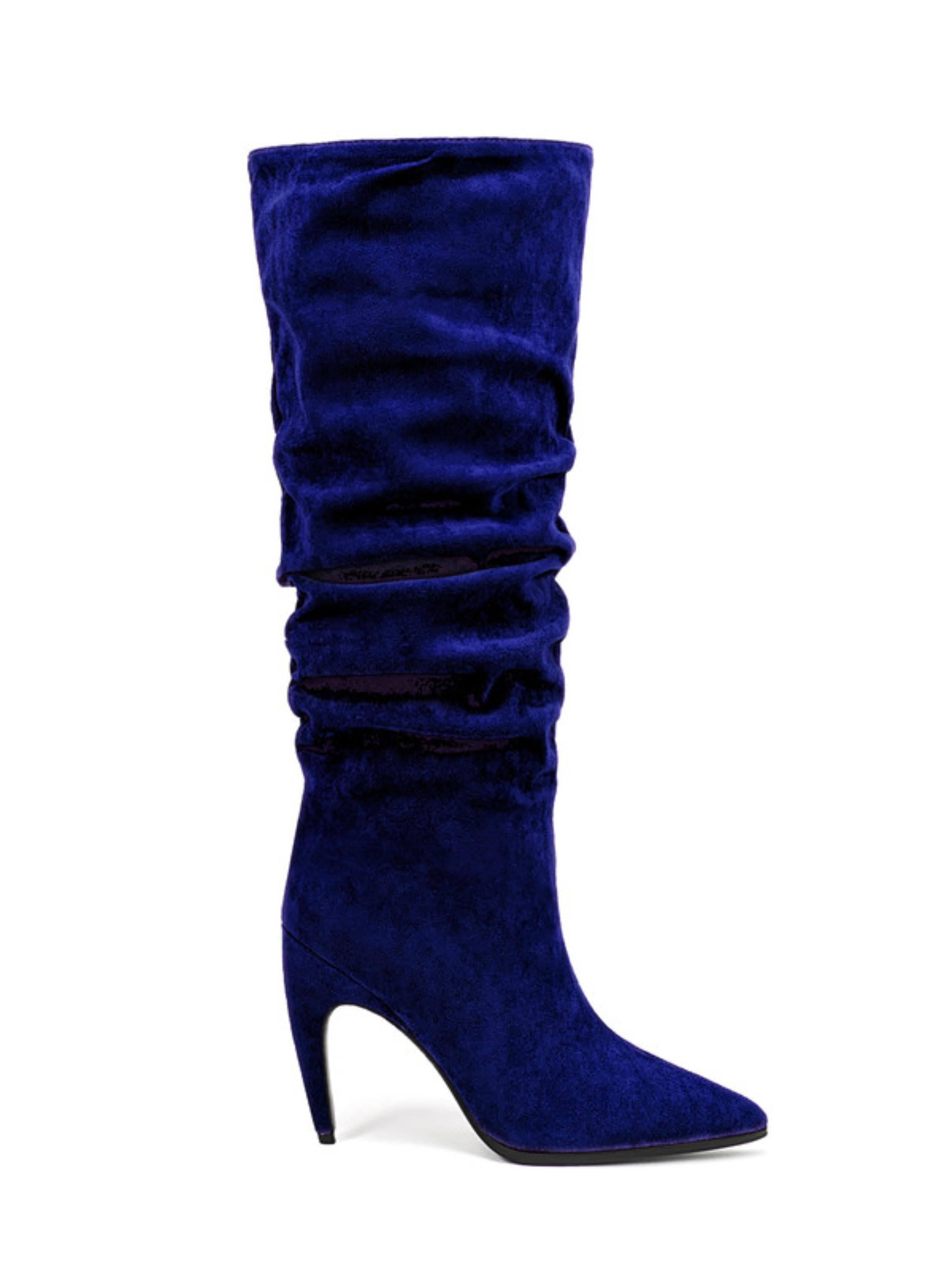 Navy Suede Slouchy Pointed Toe Knee-High Boots for Women