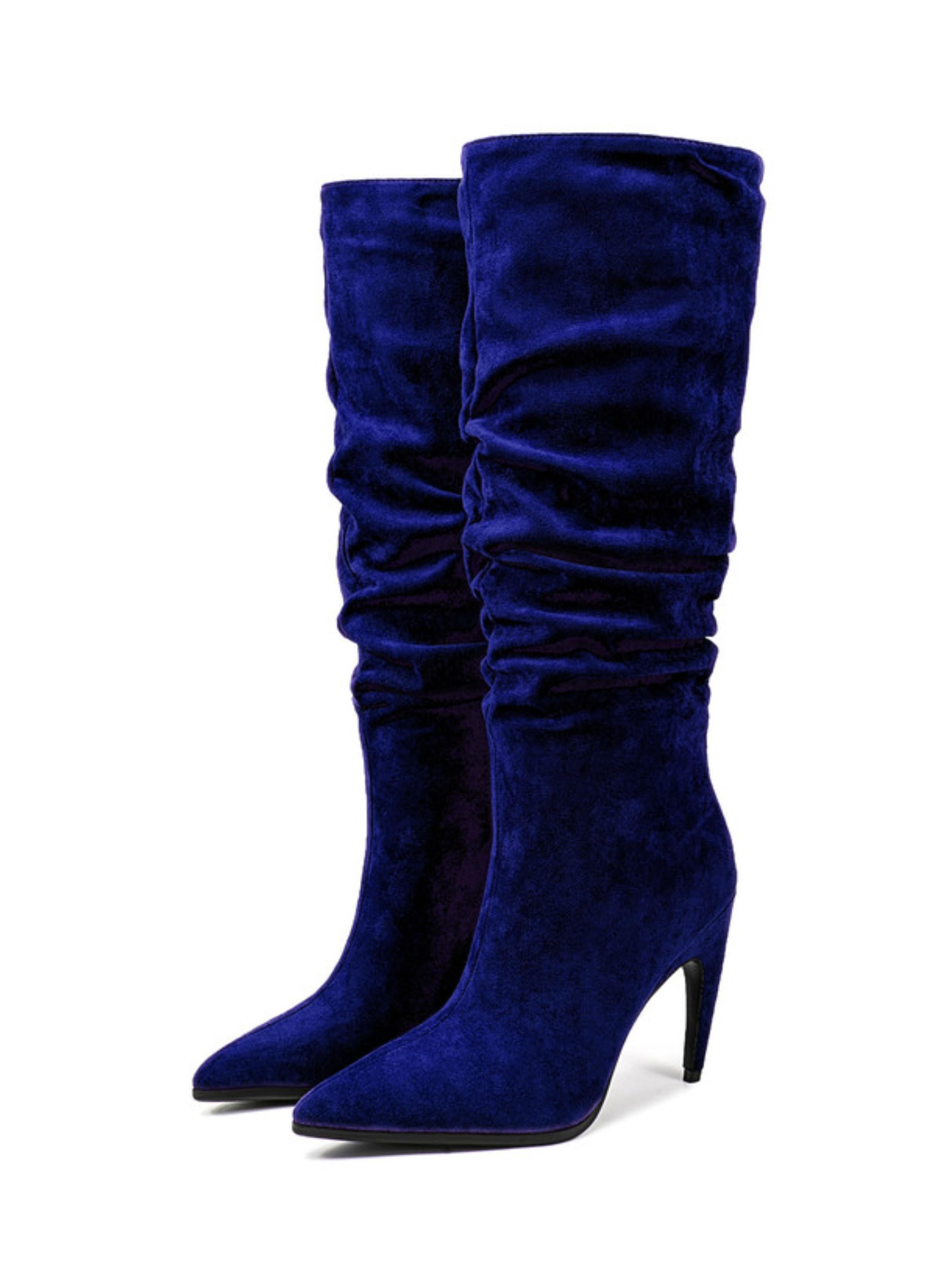 Navy Suede Slouchy Pointed Toe Knee-High Boots for Women