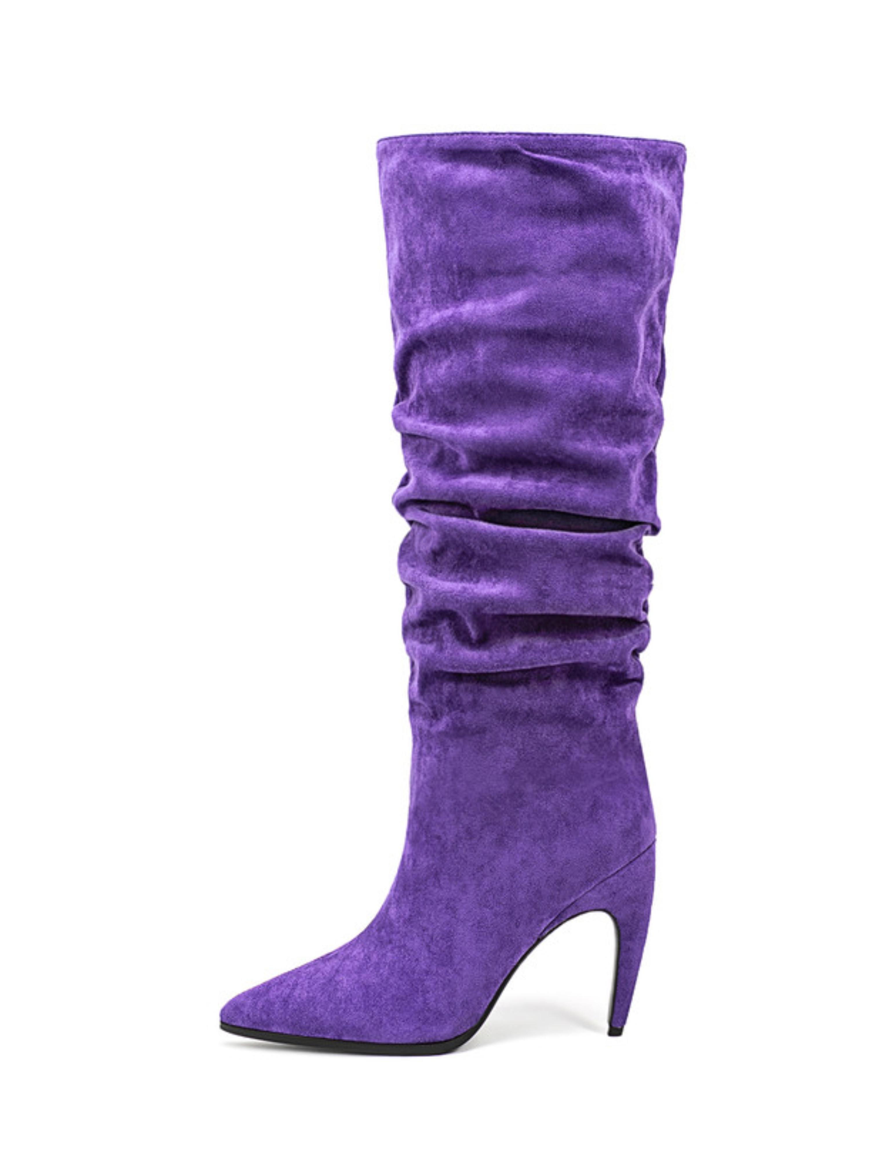 Purple Suede Pointed Toe Knee-High Heeled Boots